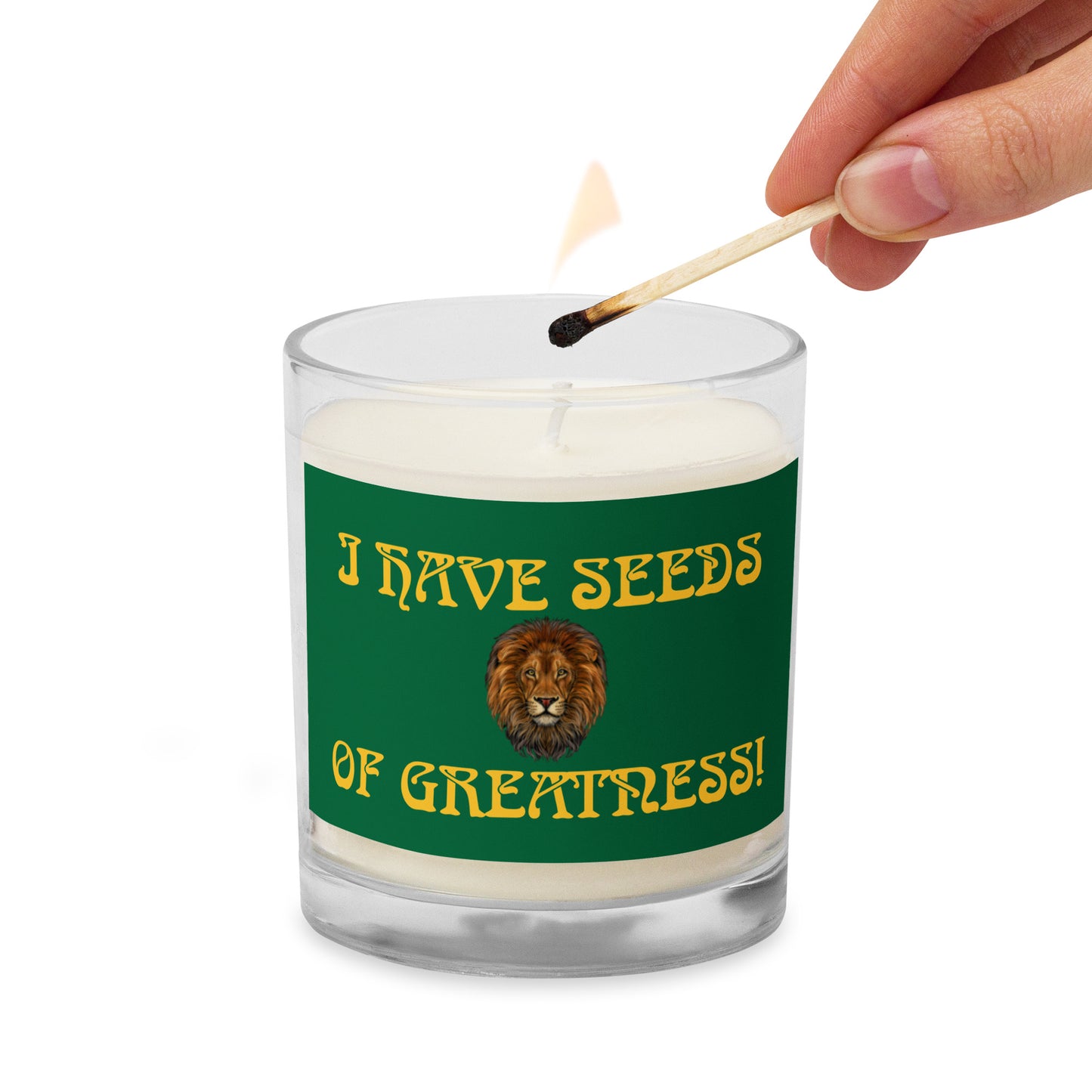 “I HAVE SEEDS OF GREATNESS!”Green Glass Jar Soy Wax Candle W/Yellow Font (Unscented)