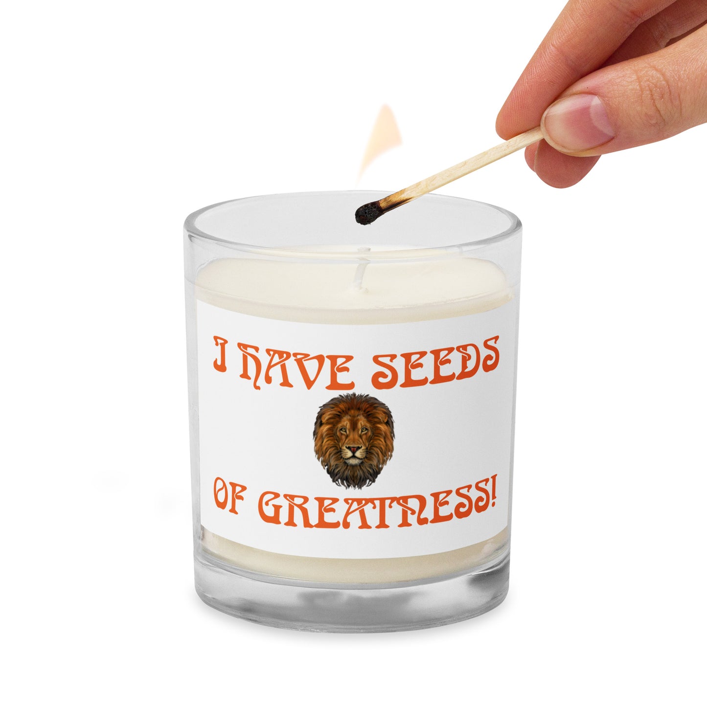 “I HAVE THE SEEDS OF GREATNESS!”White Glass Jar Soy Wax Candle W/Orange Font (Unscented)