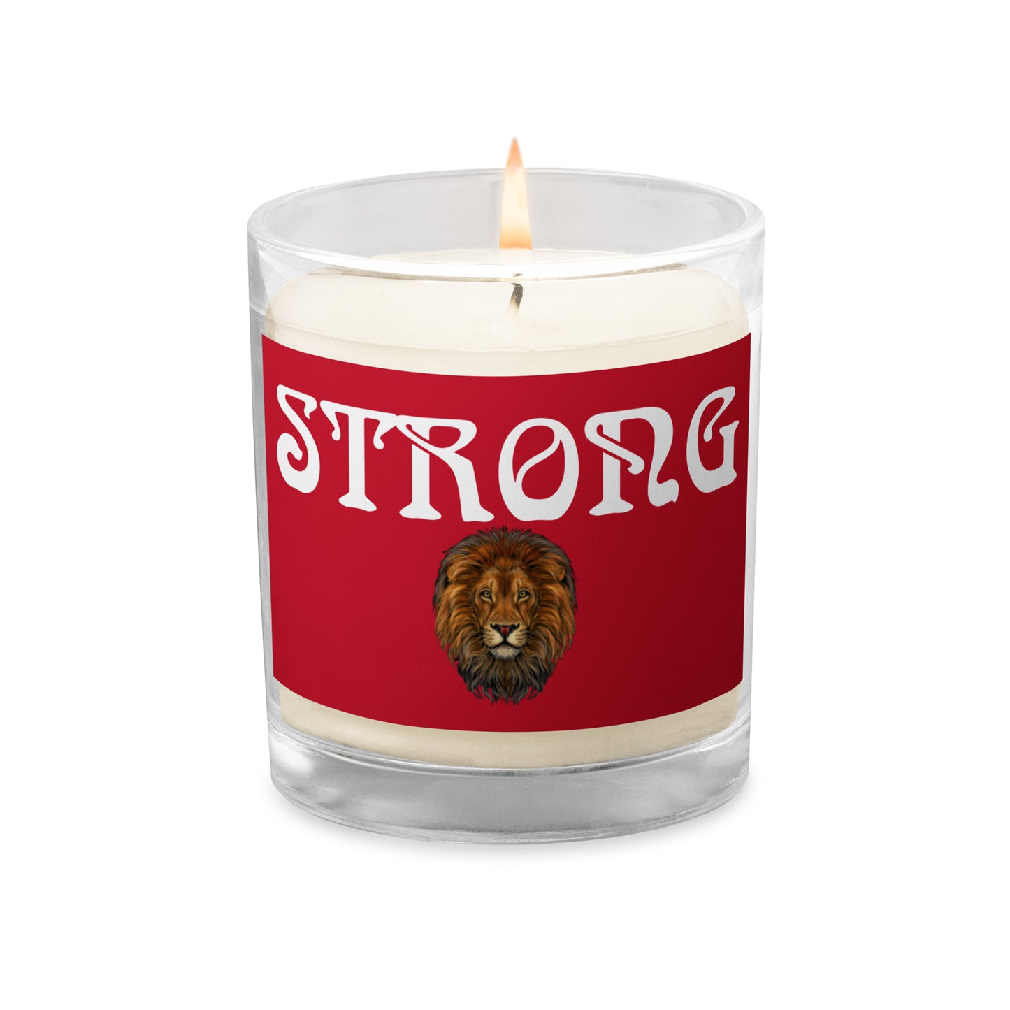 “STRONG”Red Glass Jar Soy Wax Candle W/White Font (Unscented)