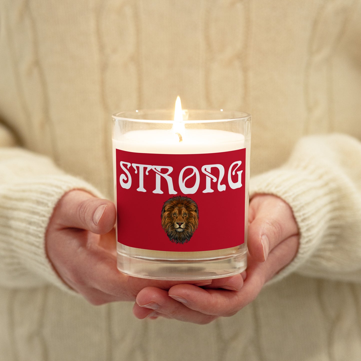 “STRONG”Red Glass Jar Soy Wax Candle W/White Font (Unscented)