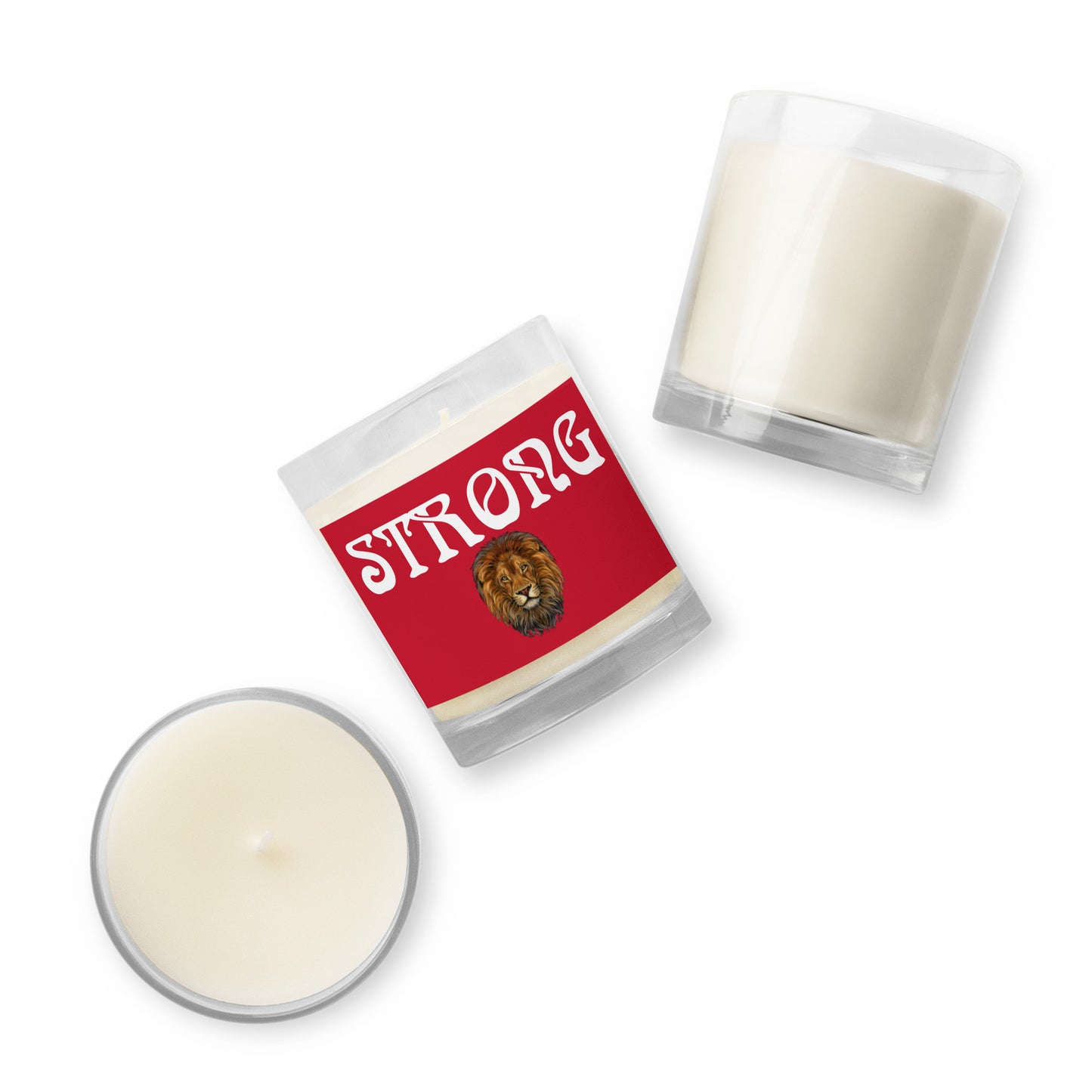 “STRONG”Red Glass Jar Soy Wax Candle W/White Font (Unscented)