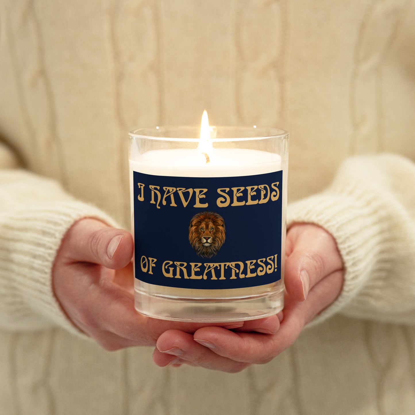 “I HAVE SEEDS OF GREATNESS!”Navy Glass Jar Soy Wax Candle W/Fawn Font (Unscented)