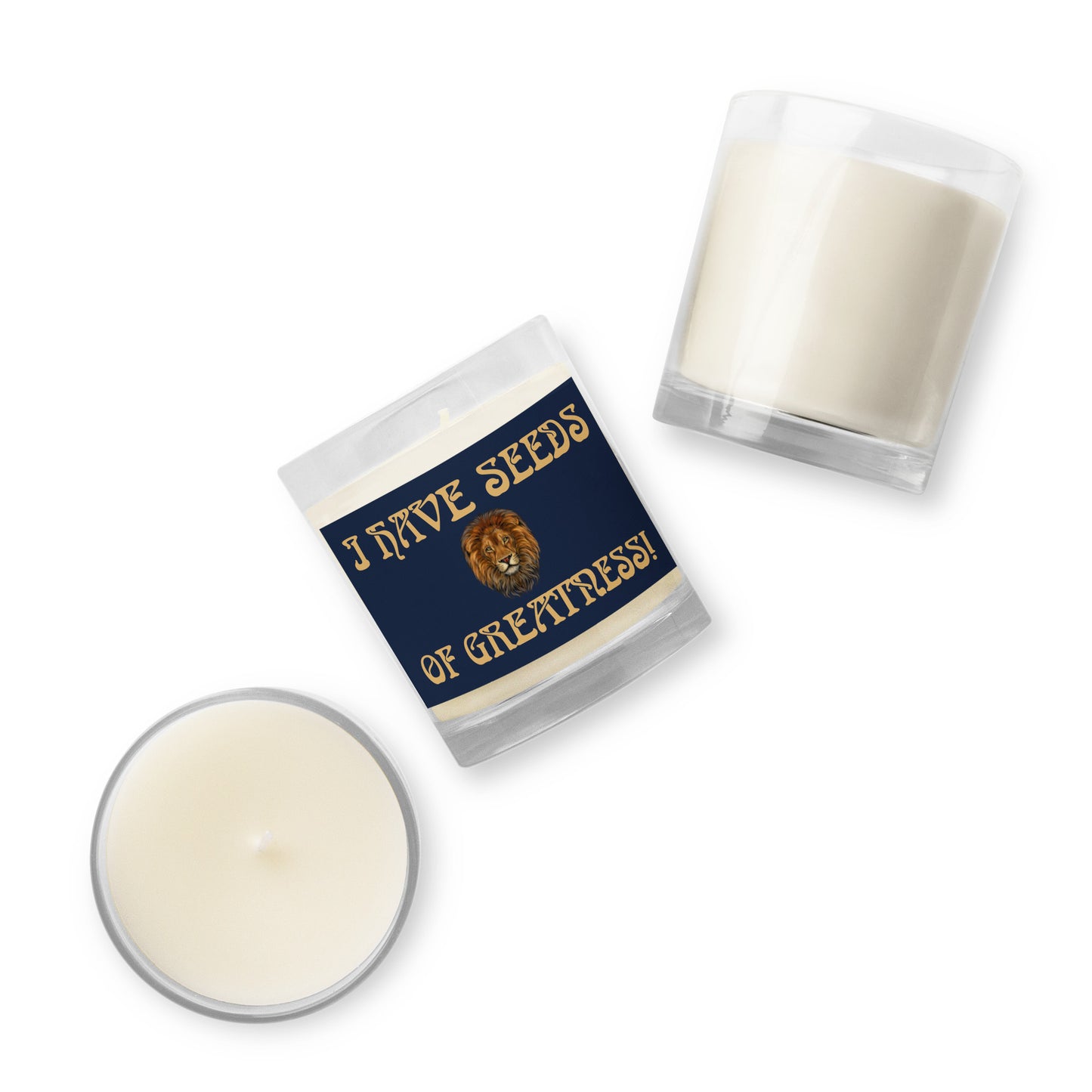 “I HAVE SEEDS OF GREATNESS!”Navy Glass Jar Soy Wax Candle W/Fawn Font (Unscented)