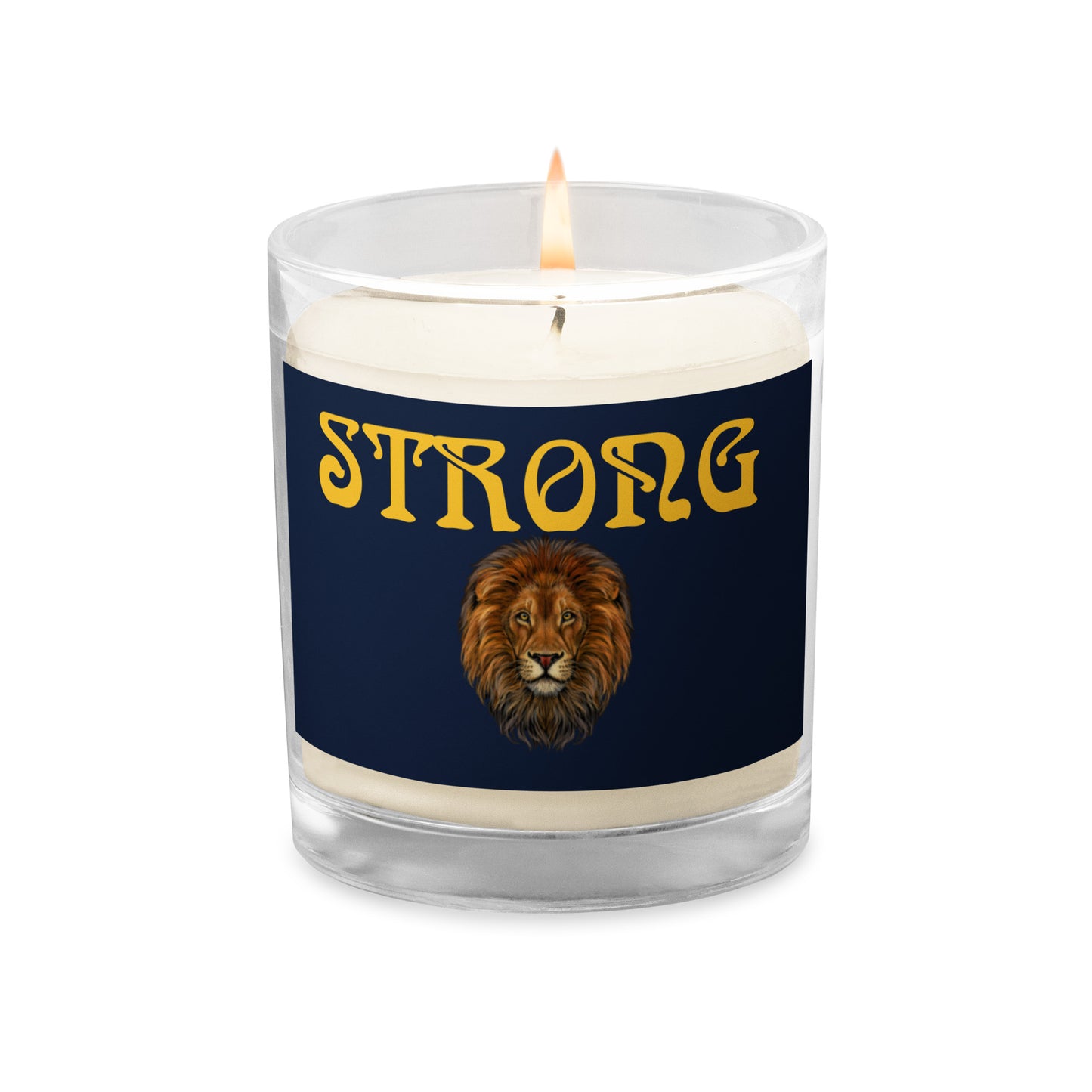 “STRONG”Navy Glass Jar Soy Wax Candle W/Yellow Font (Unscented)