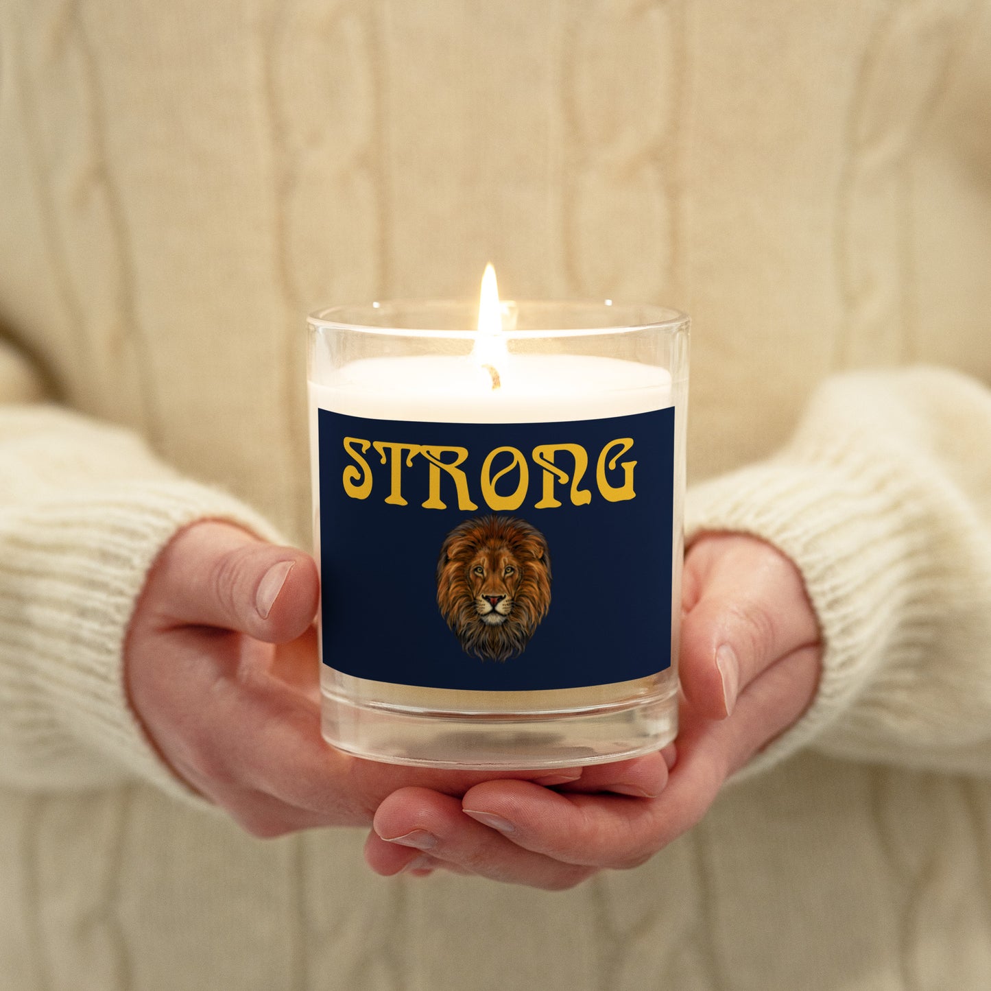 “STRONG”Navy Glass Jar Soy Wax Candle W/Yellow Font (Unscented)