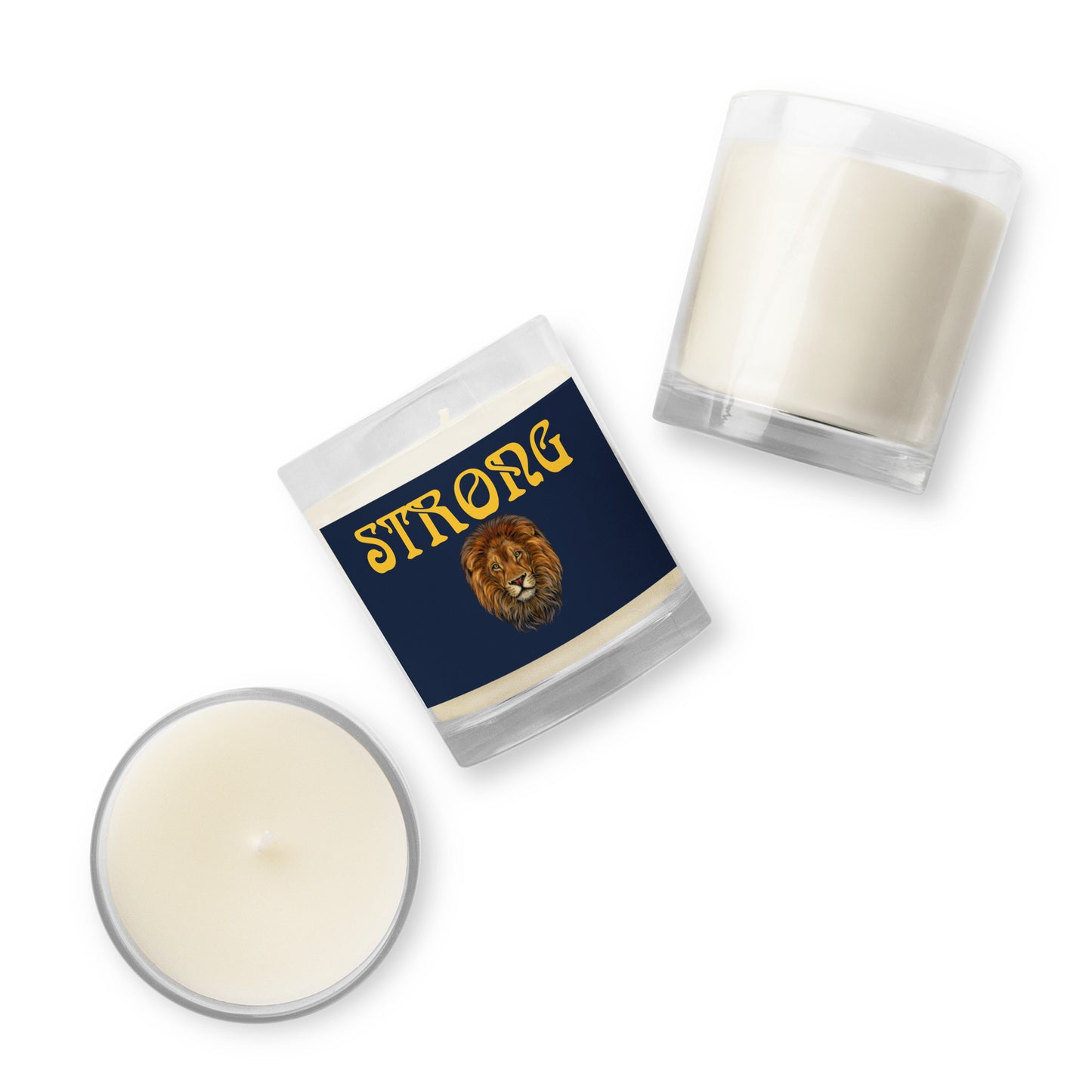 “STRONG”Navy Glass Jar Soy Wax Candle W/Yellow Font (Unscented)