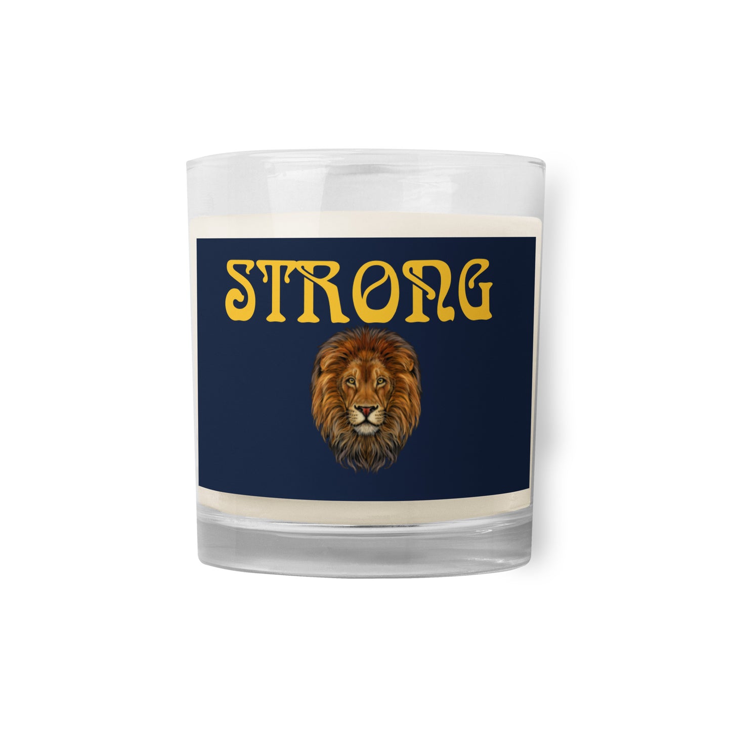 “STRONG”Navy Glass Jar Soy Wax Candle W/Yellow Font (Unscented)