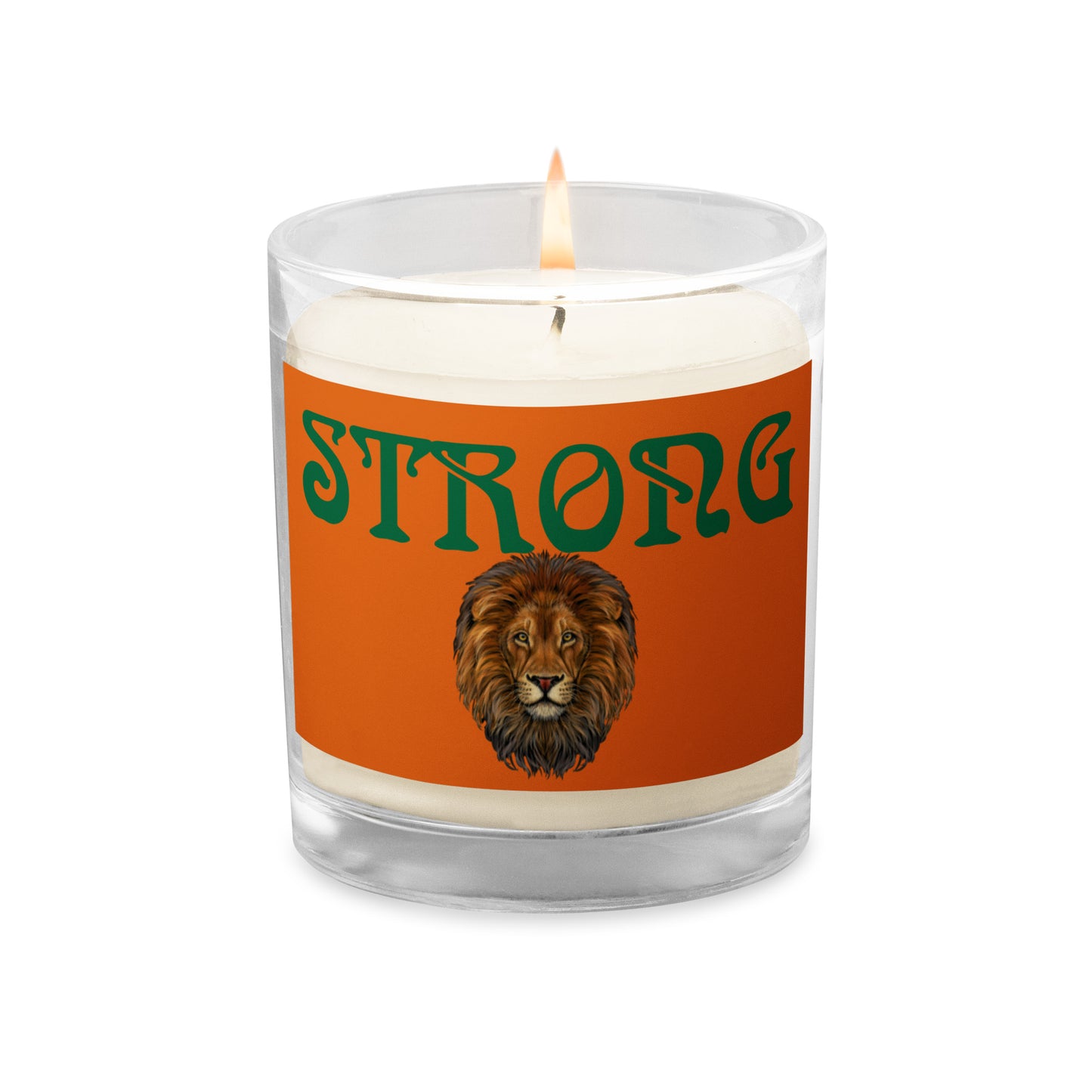“STRONG”Orange Glass Jar Soy Wax Candle W/Green Font (Unscented)