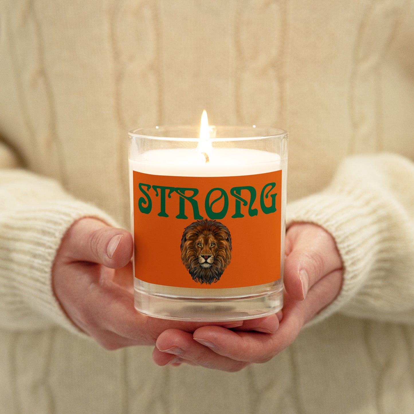 “STRONG”Orange Glass Jar Soy Wax Candle W/Green Font (Unscented)