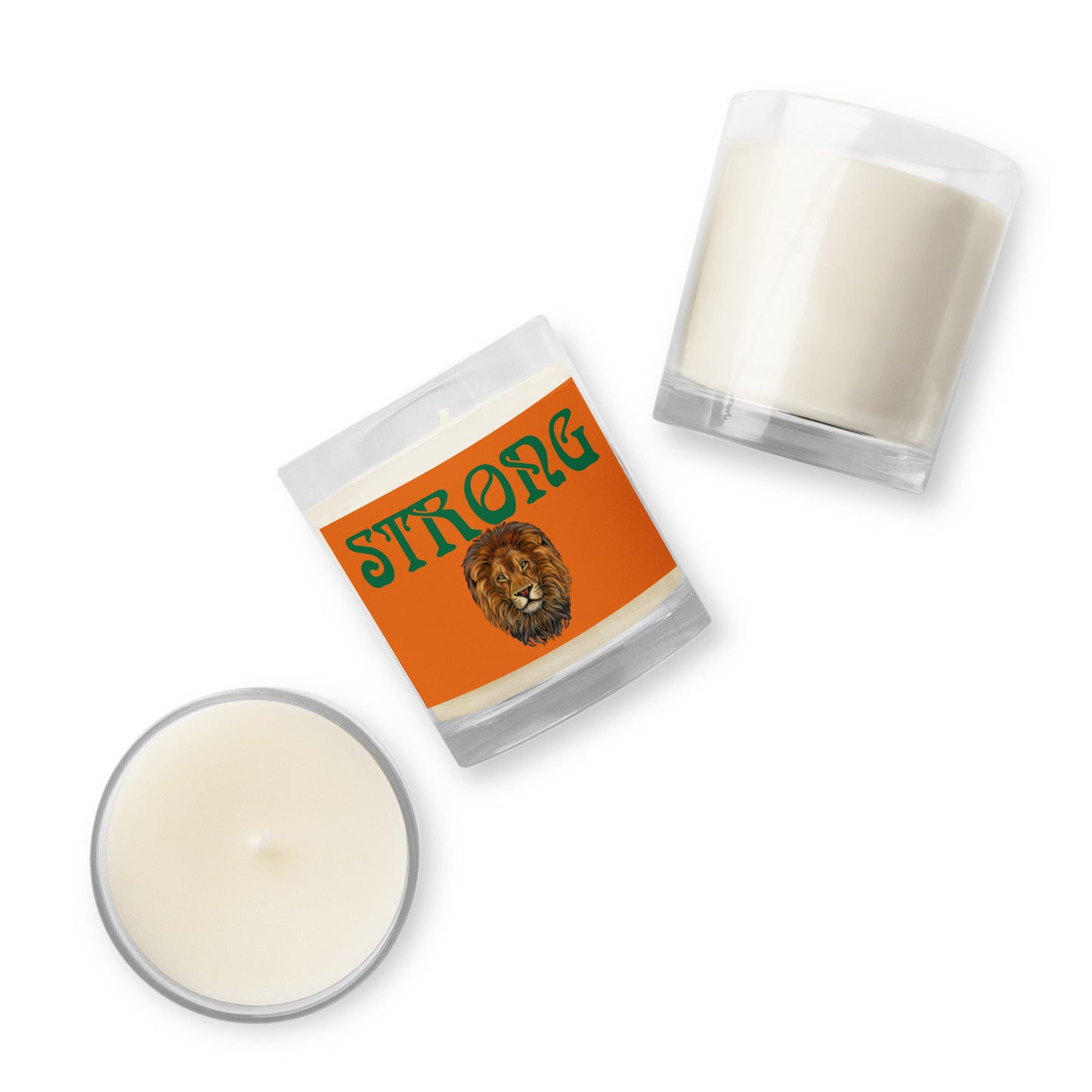 “STRONG”Orange Glass Jar Soy Wax Candle W/Green Font (Unscented)