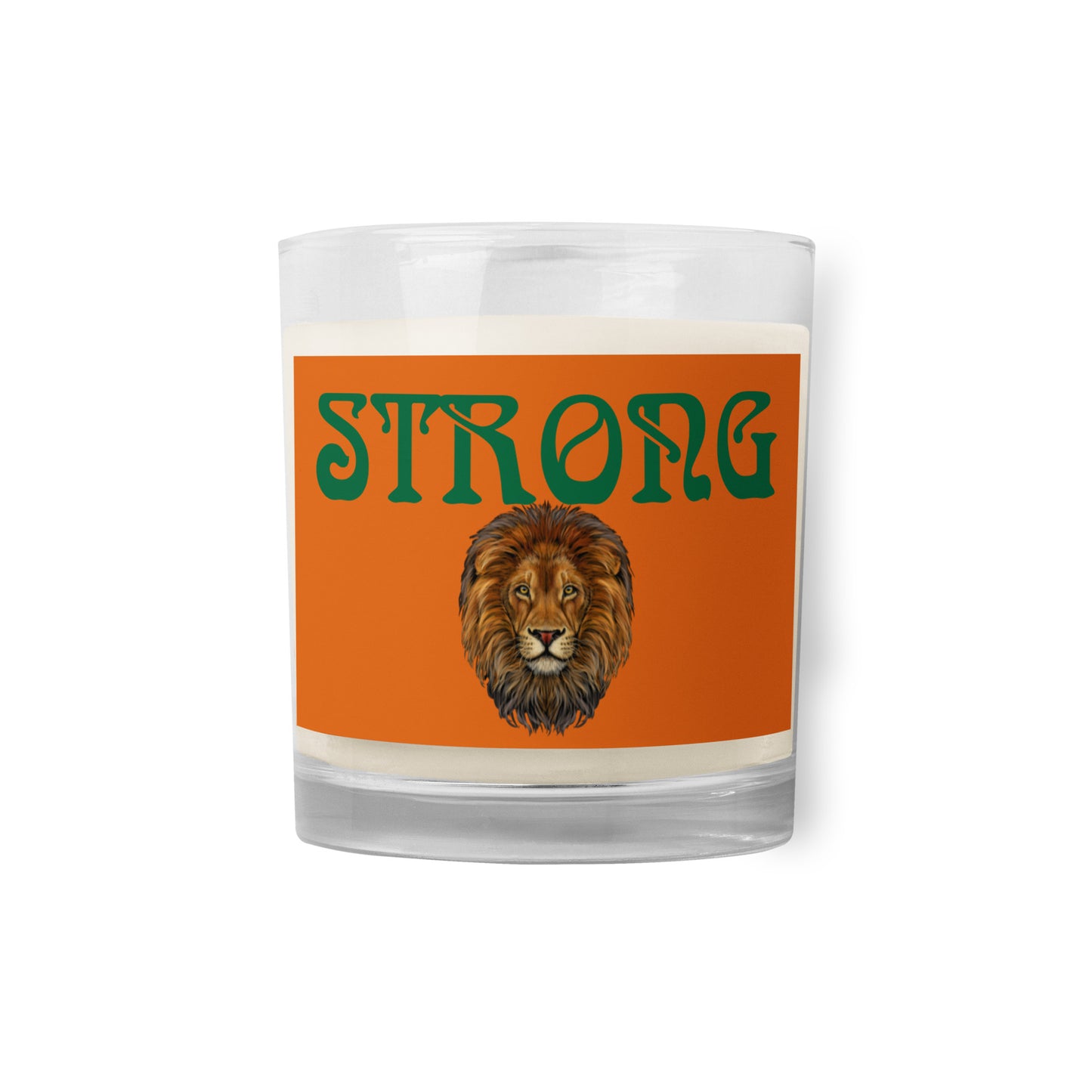 “STRONG”Orange Glass Jar Soy Wax Candle W/Green Font (Unscented)