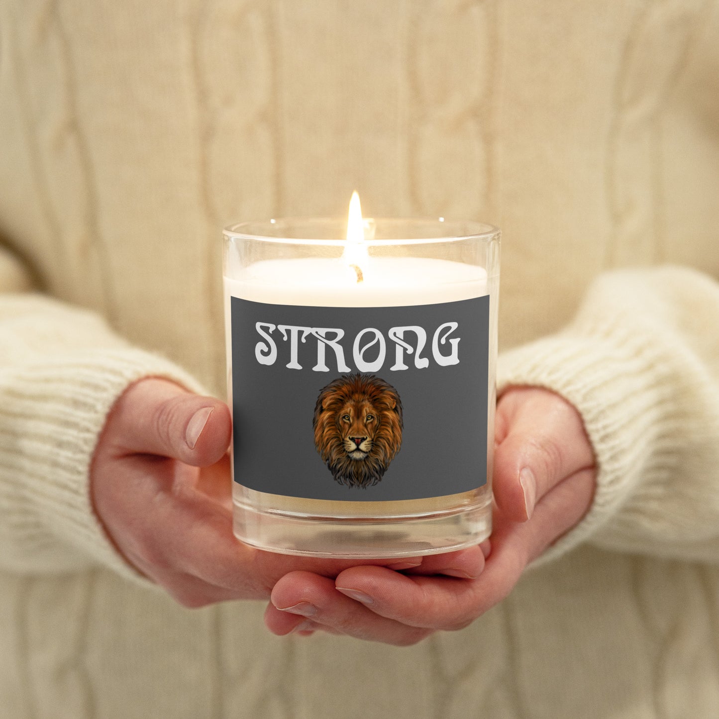 “STRONG”Grey Glass Jar Soy Wax Candle W/White Font (Unscented)