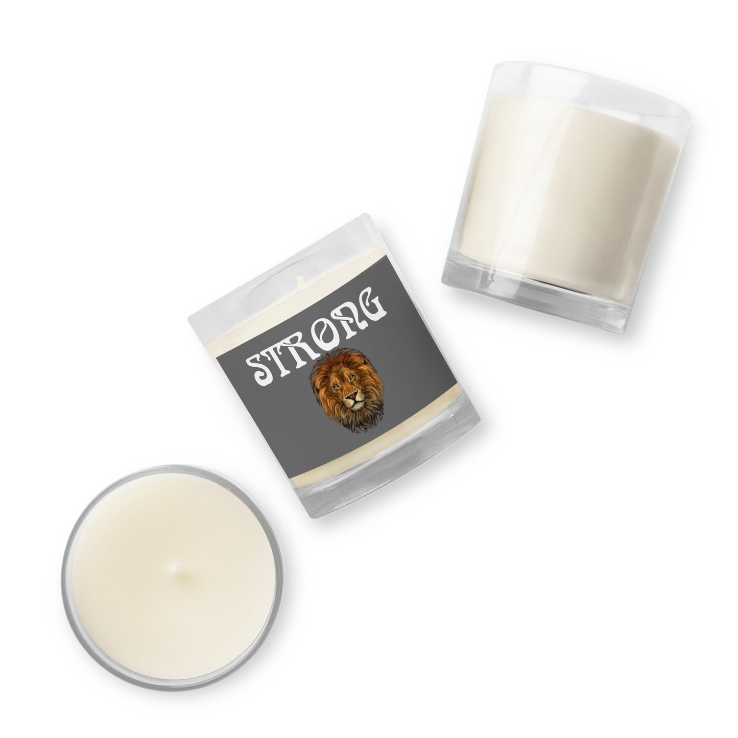 “STRONG”Grey Glass Jar Soy Wax Candle W/White Font (Unscented)