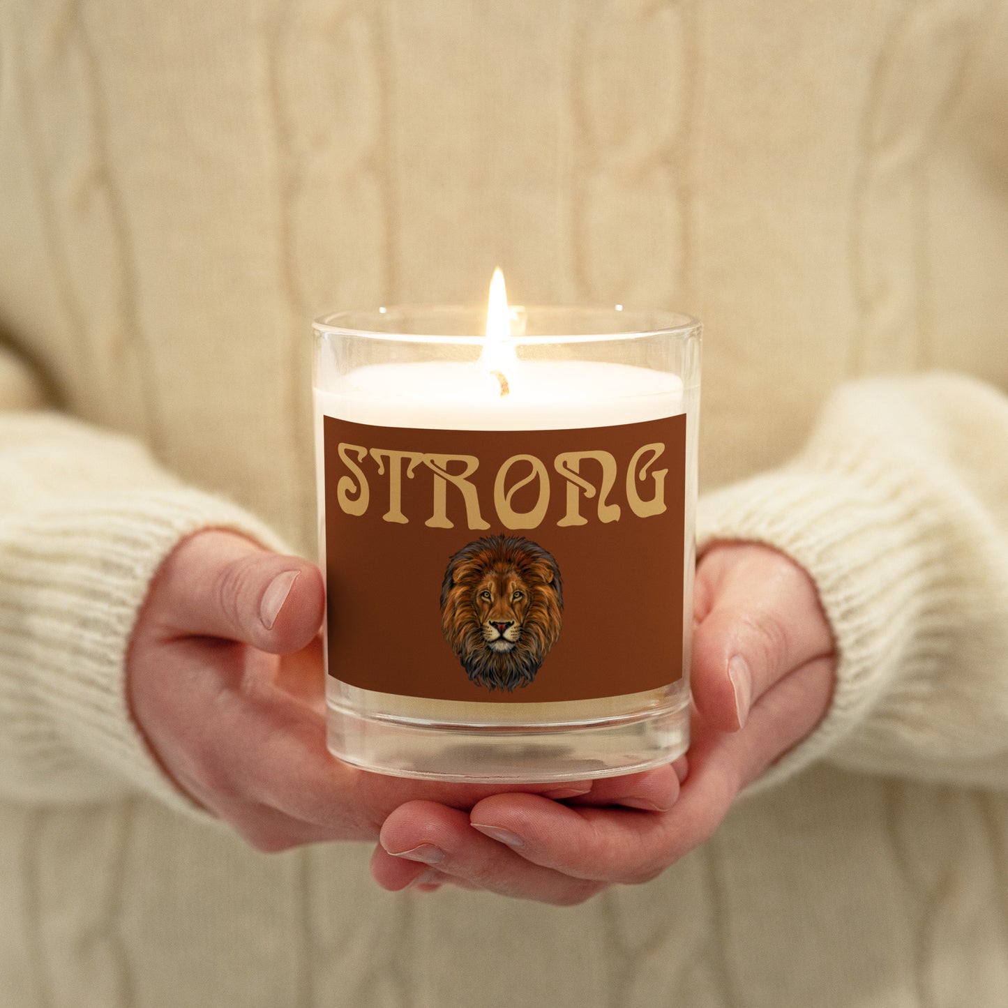 “STRONG”Saddle Brown Glass Jar Soy Wax Candle W/Fawn Font (Unscented)