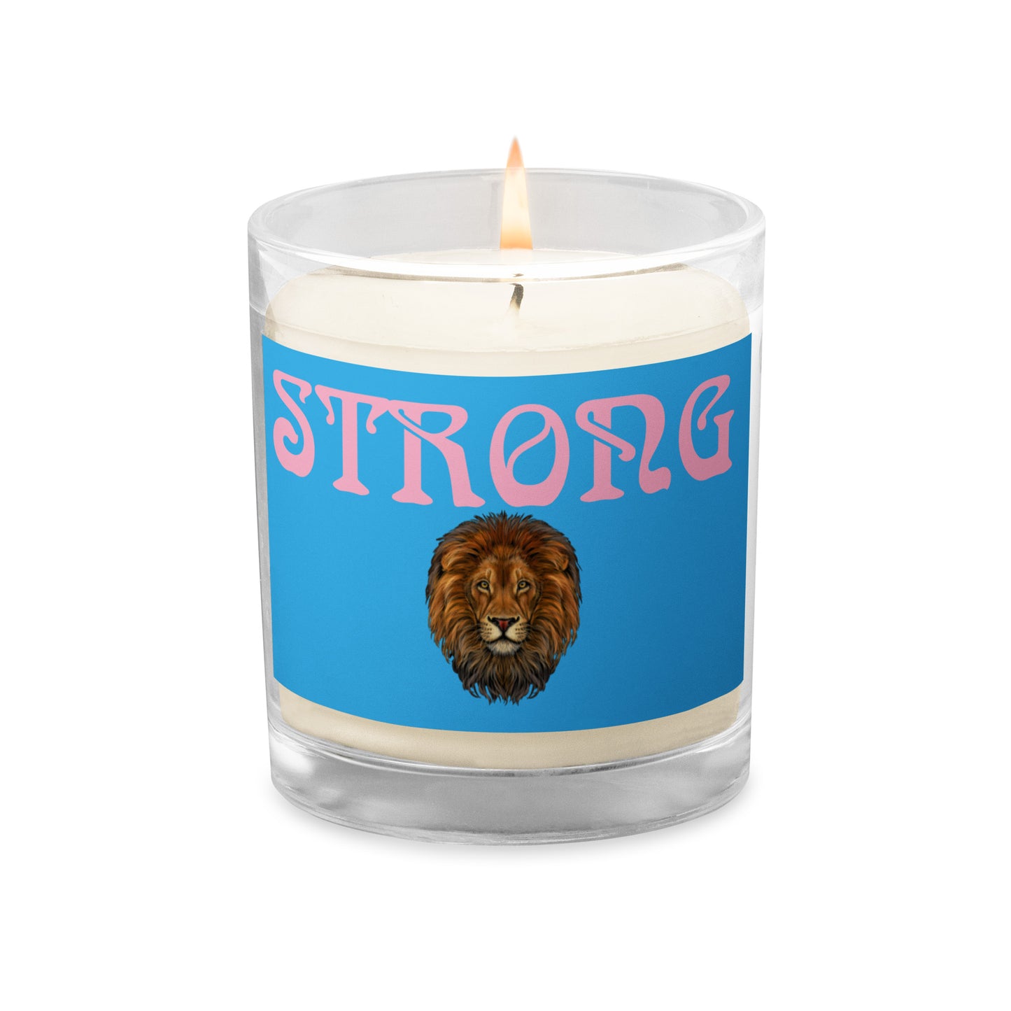 “STRONG”SkyBlue Glass Jar Soy Wax Candle W/Cotton Candy Font (Unscented)