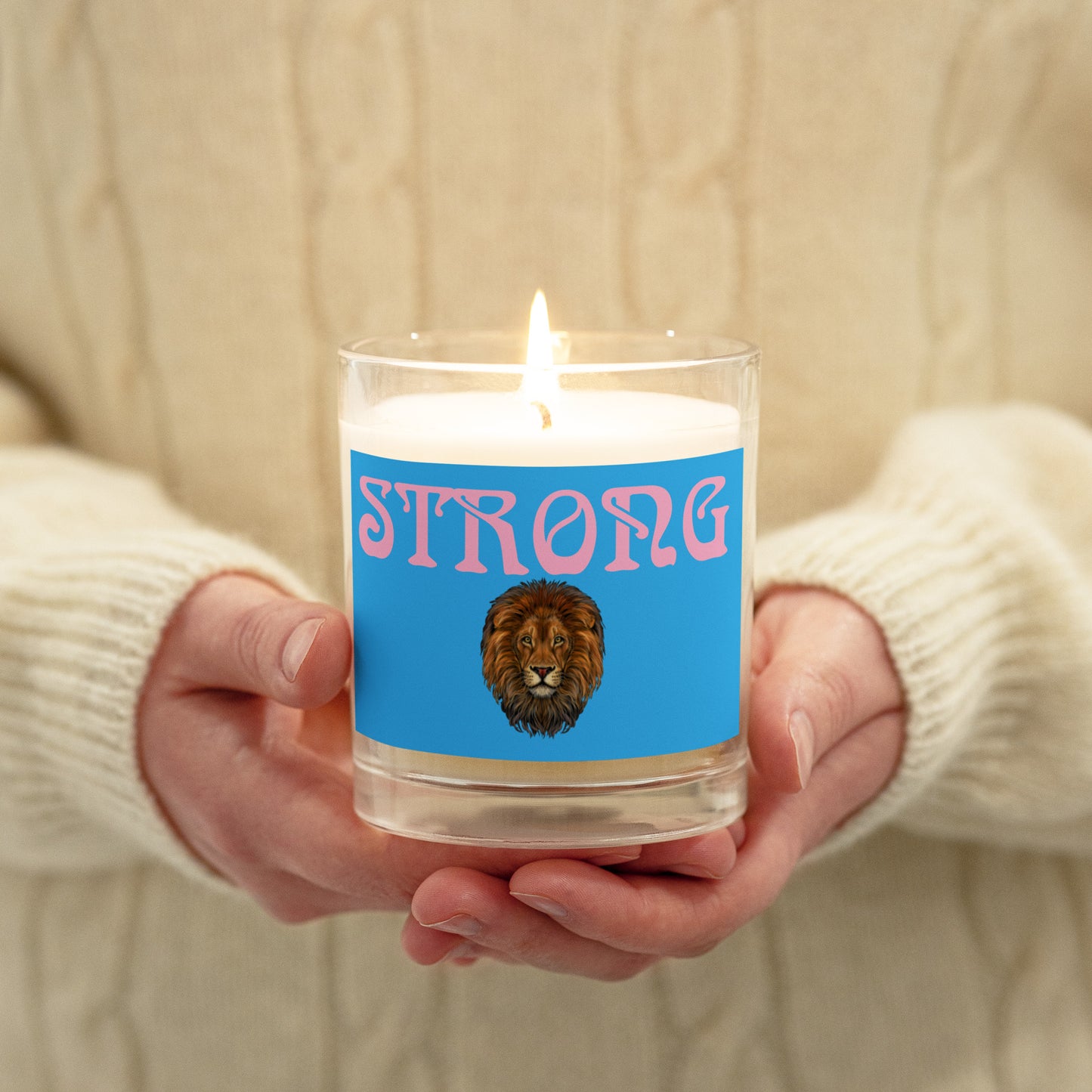 “STRONG”SkyBlue Glass Jar Soy Wax Candle W/Cotton Candy Font (Unscented)