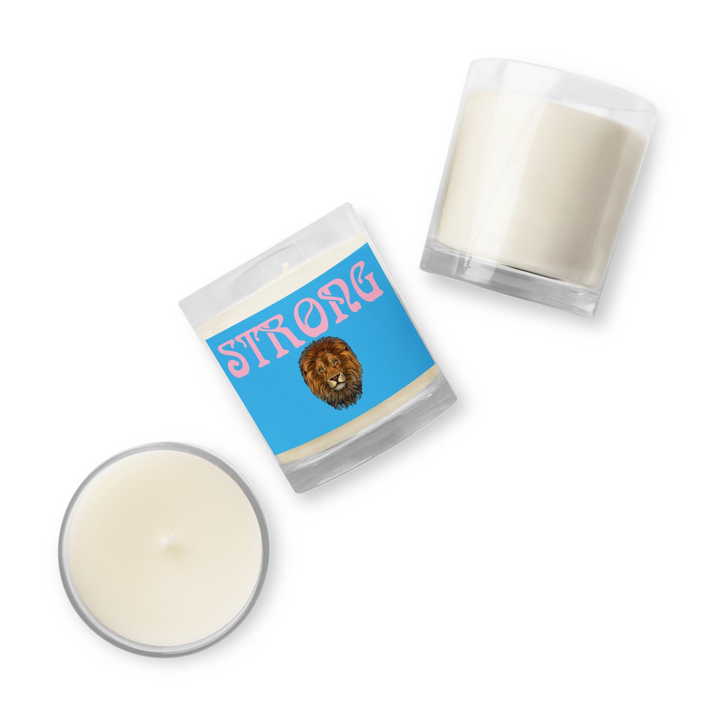 “STRONG”SkyBlue Glass Jar Soy Wax Candle W/Cotton Candy Font (Unscented)