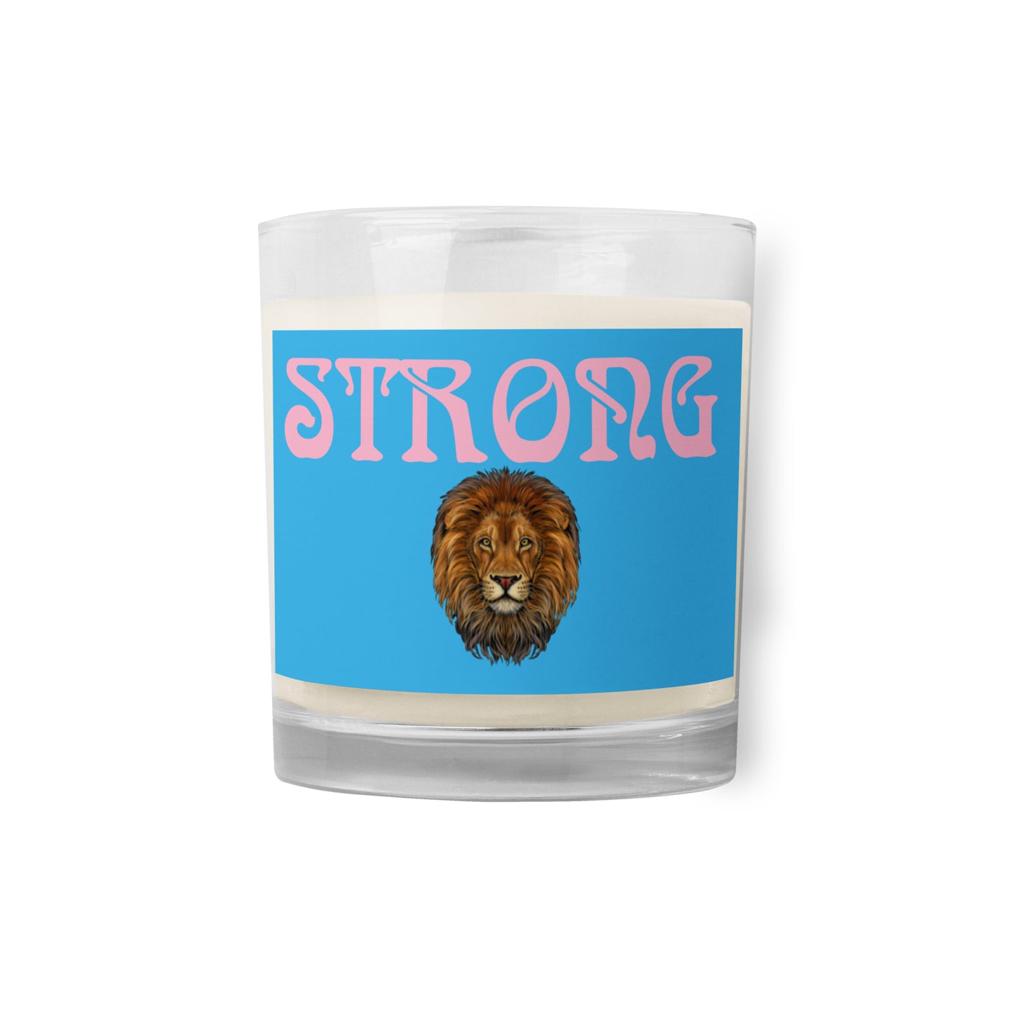 “STRONG”SkyBlue Glass Jar Soy Wax Candle W/Cotton Candy Font (Unscented)