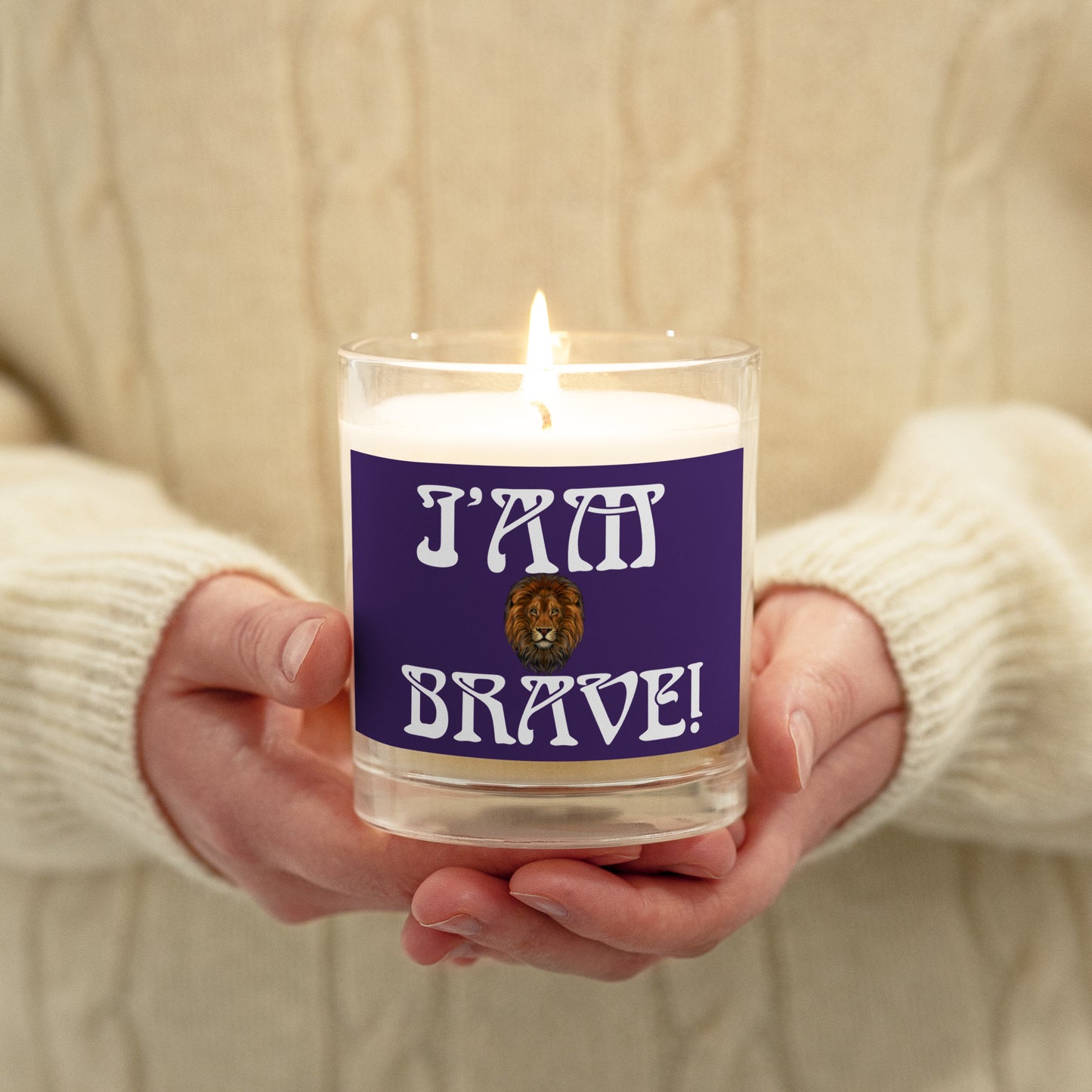 “I’AM BRAVE!”Purple Glass Jar Soy Wax Candle W/White Font (Unscented)