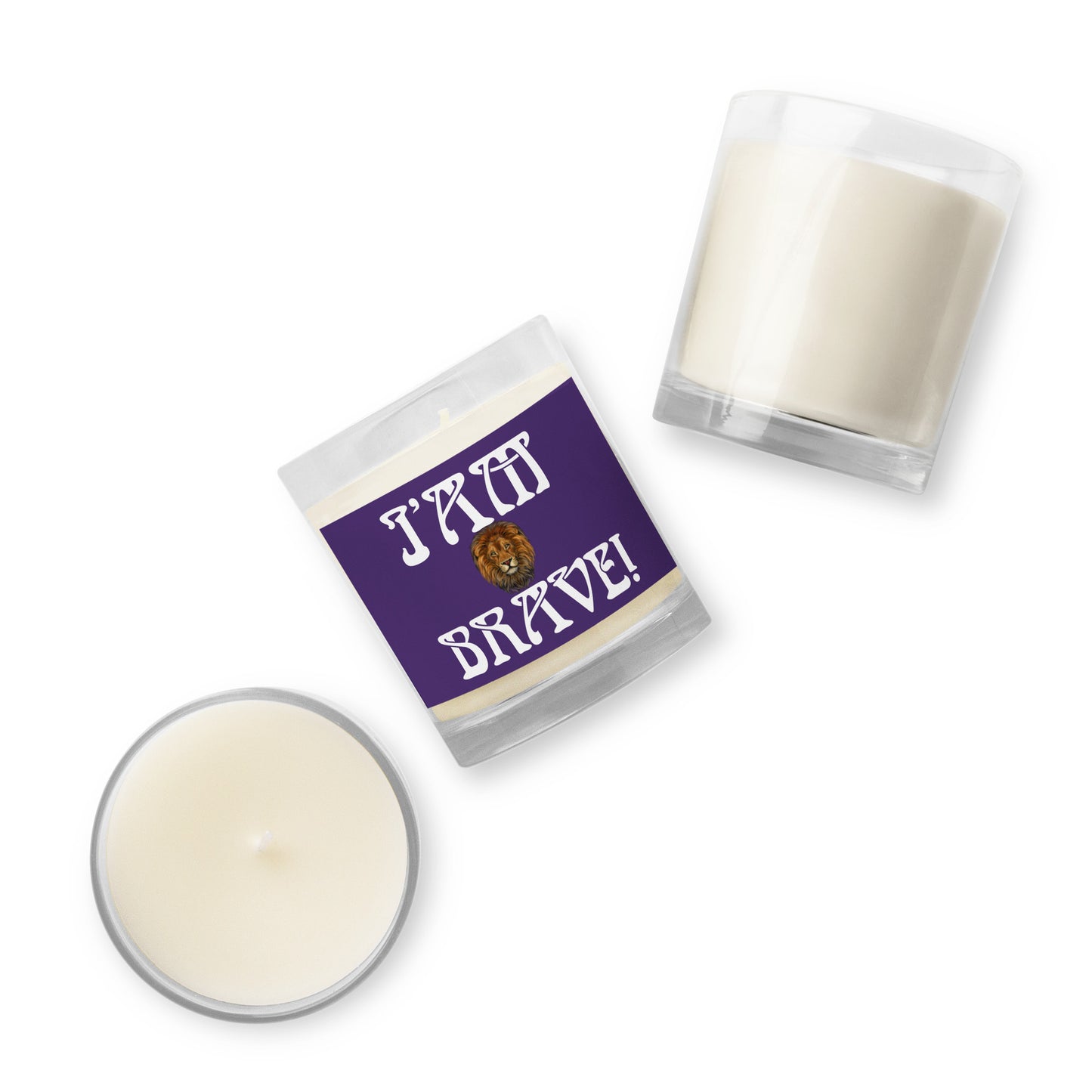 “I’AM BRAVE!”Purple Glass Jar Soy Wax Candle W/White Font (Unscented)