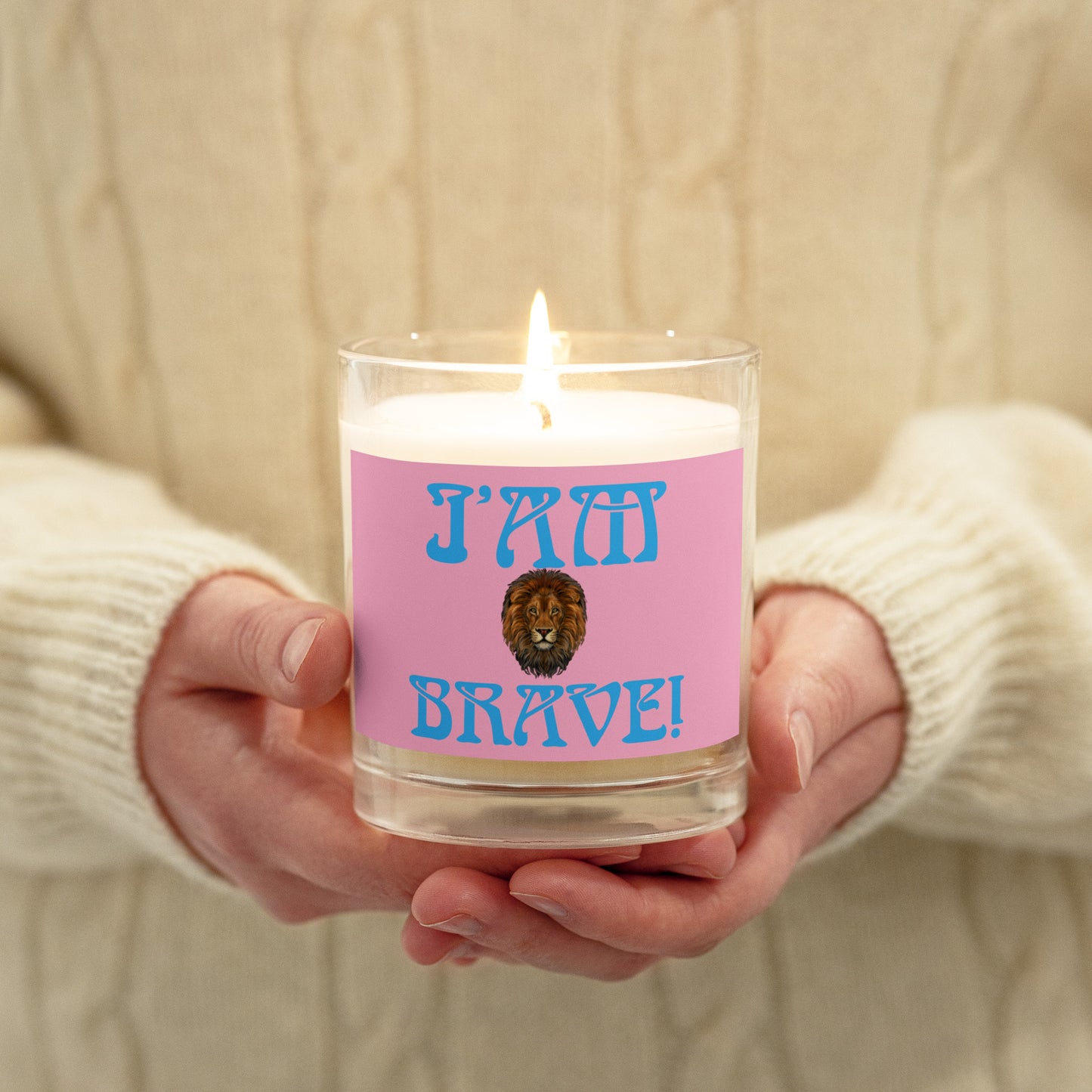“I’AM BRAVE!”Cotton Candy Glass Jar Soy Wax Candle W/SkyBlue Font (Unscented)