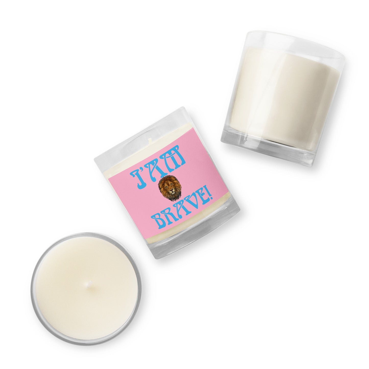 “I’AM BRAVE!”Cotton Candy Glass Jar Soy Wax Candle W/SkyBlue Font (Unscented)