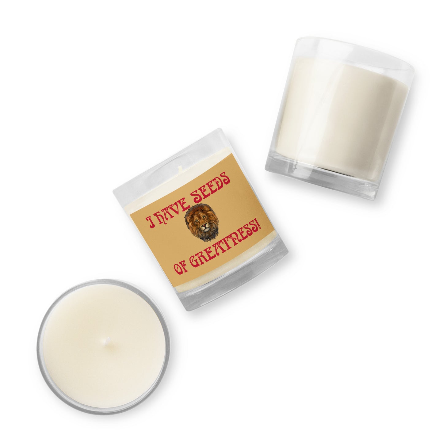 “I HAVE SEEDS OF GREATNESS!”Fawn Glass Jar Soy Wax Candle W/Red Font (Unscented)