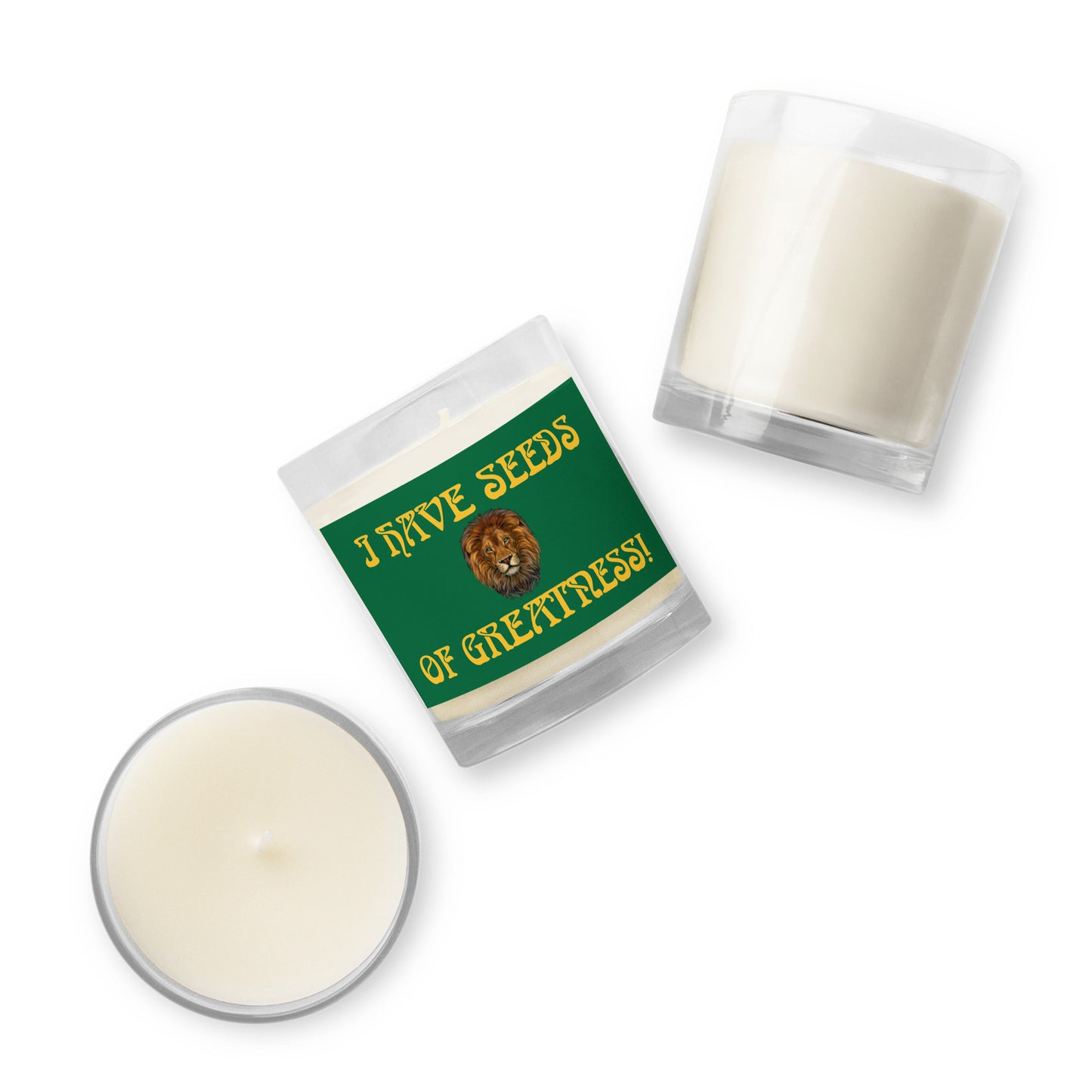 “I HAVE SEEDS OF GREATNESS!”Green Glass Jar Soy Wax Candle W/Yellow Font (Unscented)