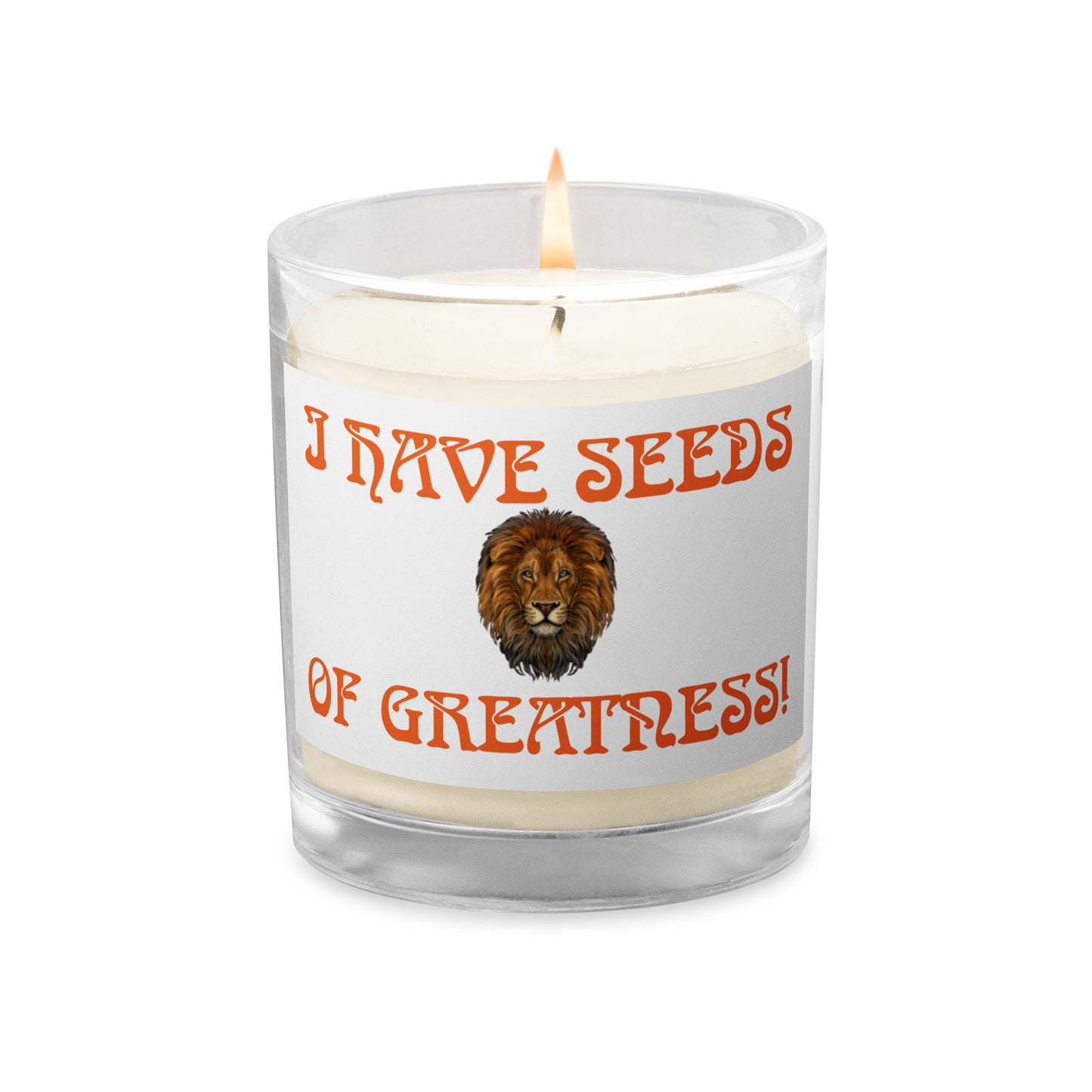 “I HAVE THE SEEDS OF GREATNESS!”White Glass Jar Soy Wax Candle W/Orange Font (Unscented)