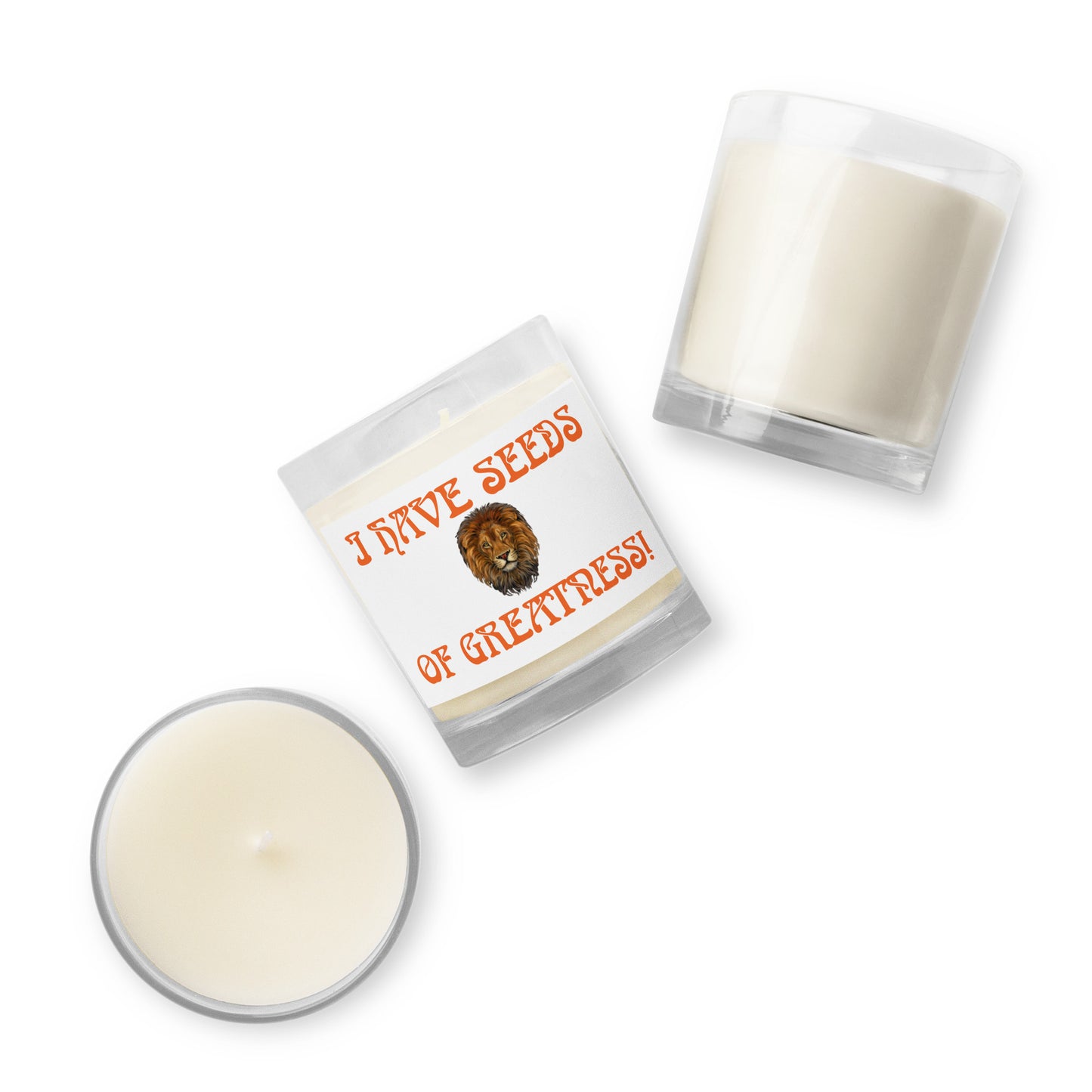 “I HAVE THE SEEDS OF GREATNESS!”White Glass Jar Soy Wax Candle W/Orange Font (Unscented)