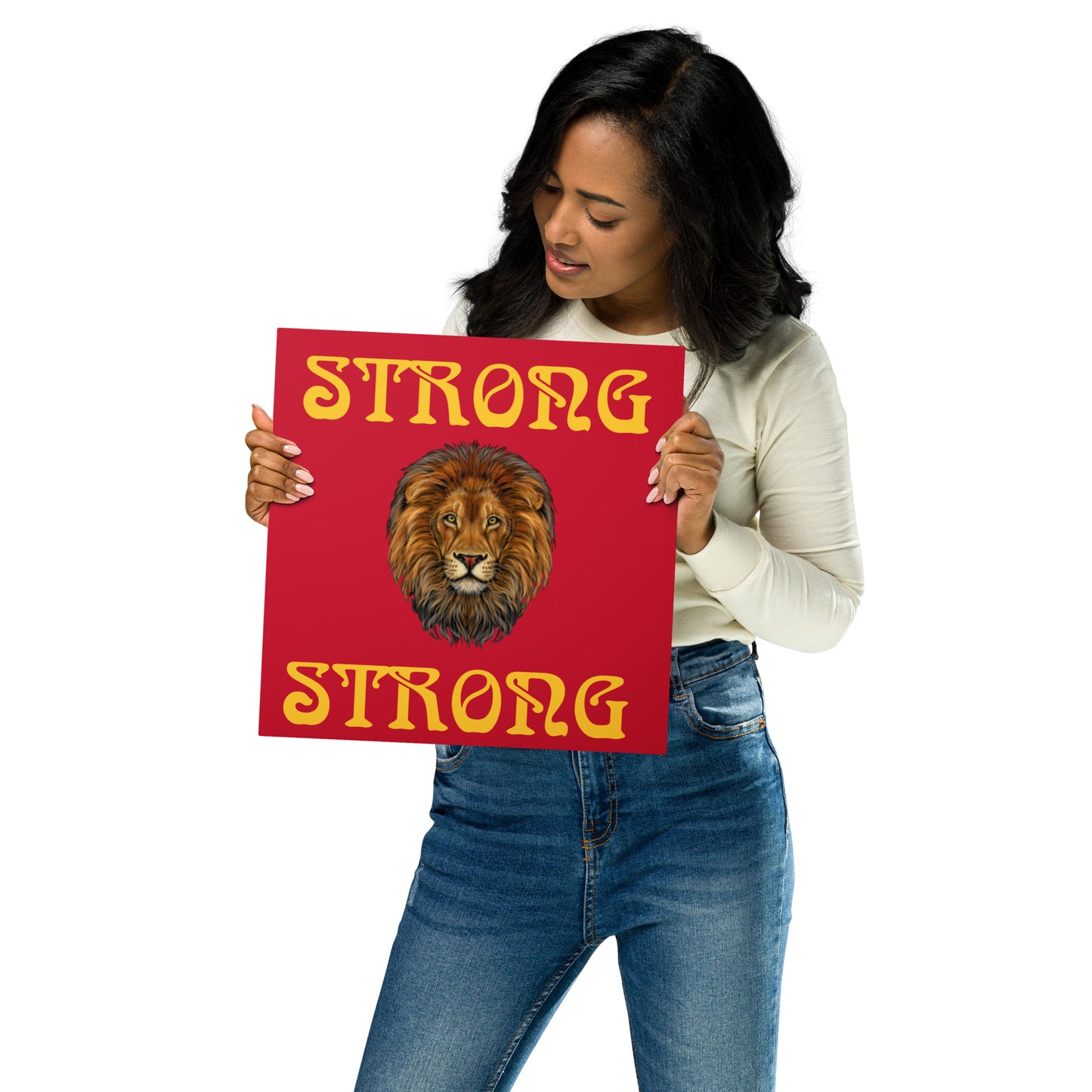 “STRONG”Red Metal Prints W/Yellow Font