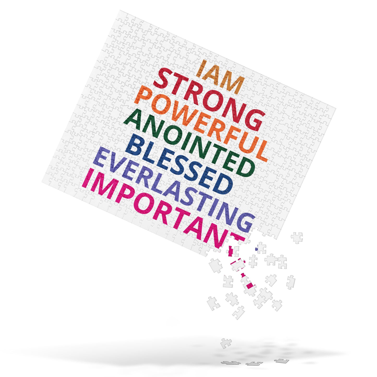 “IAM” White Jigsaw Puzzle W/Rainbow Font