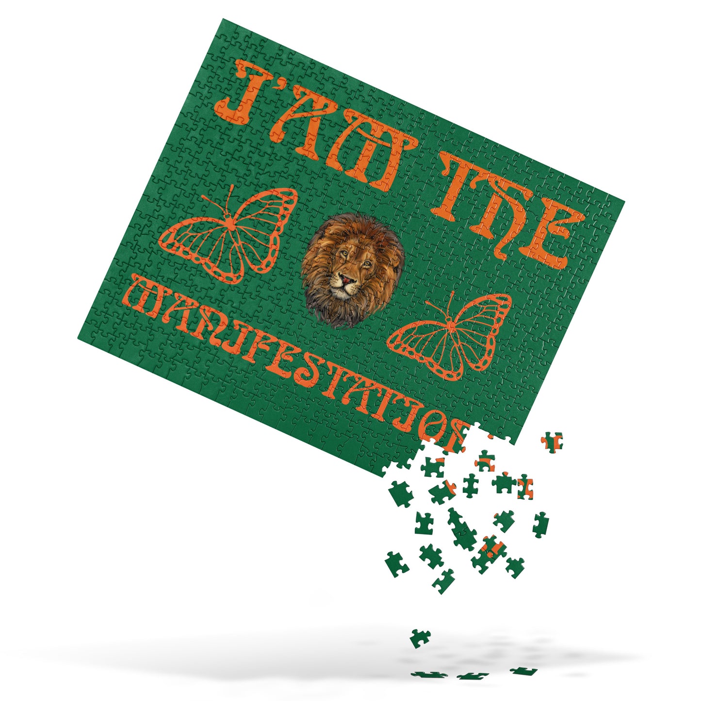 “I’AM THE MANIFESTATION!”Green Jigsaw Puzzle W/Orange Font
