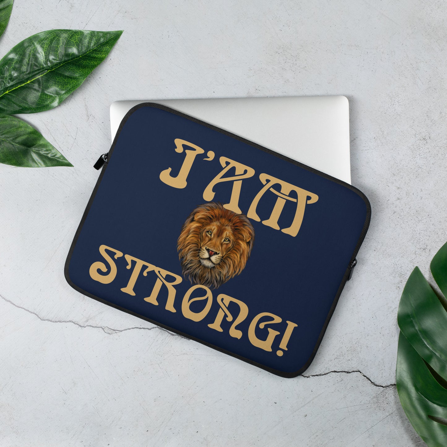 “I’AM STRONG!”Navy Laptop Sleeve W/Fawn Font