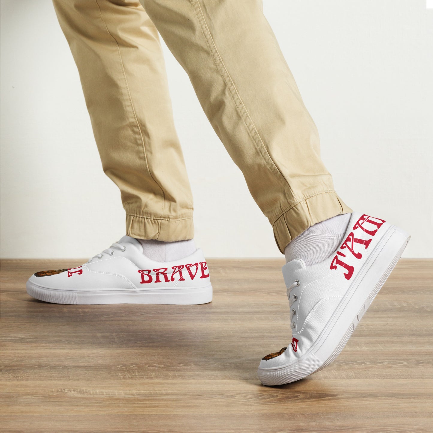 “I’AM BRAVE!” White Men’s Lace-Up Canvas Shoes W/Red Font