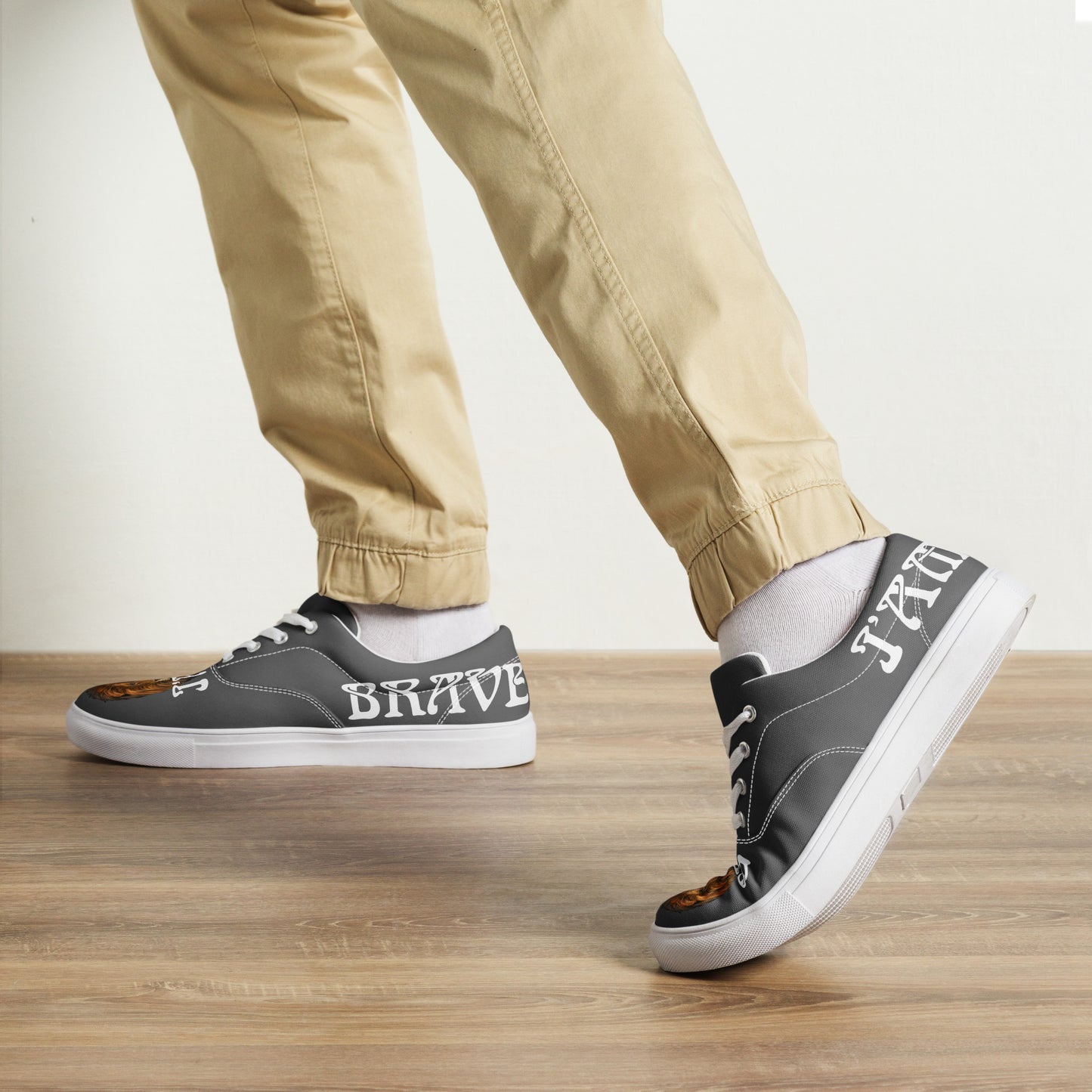 “I’AM BRAVE!”Grey Men’s Lace-Up Canvas Shoes W/White Font