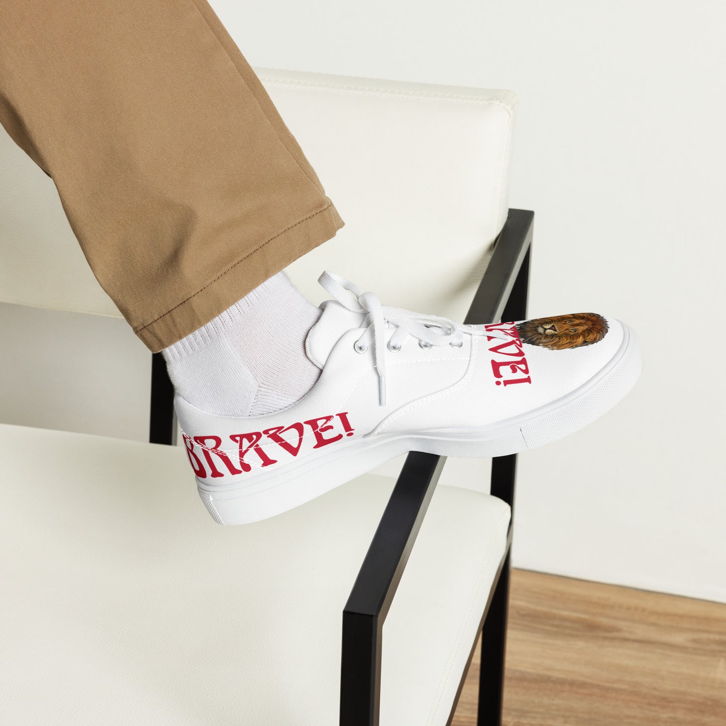 “I’AM BRAVE!” White Men’s Lace-Up Canvas Shoes W/Red Font