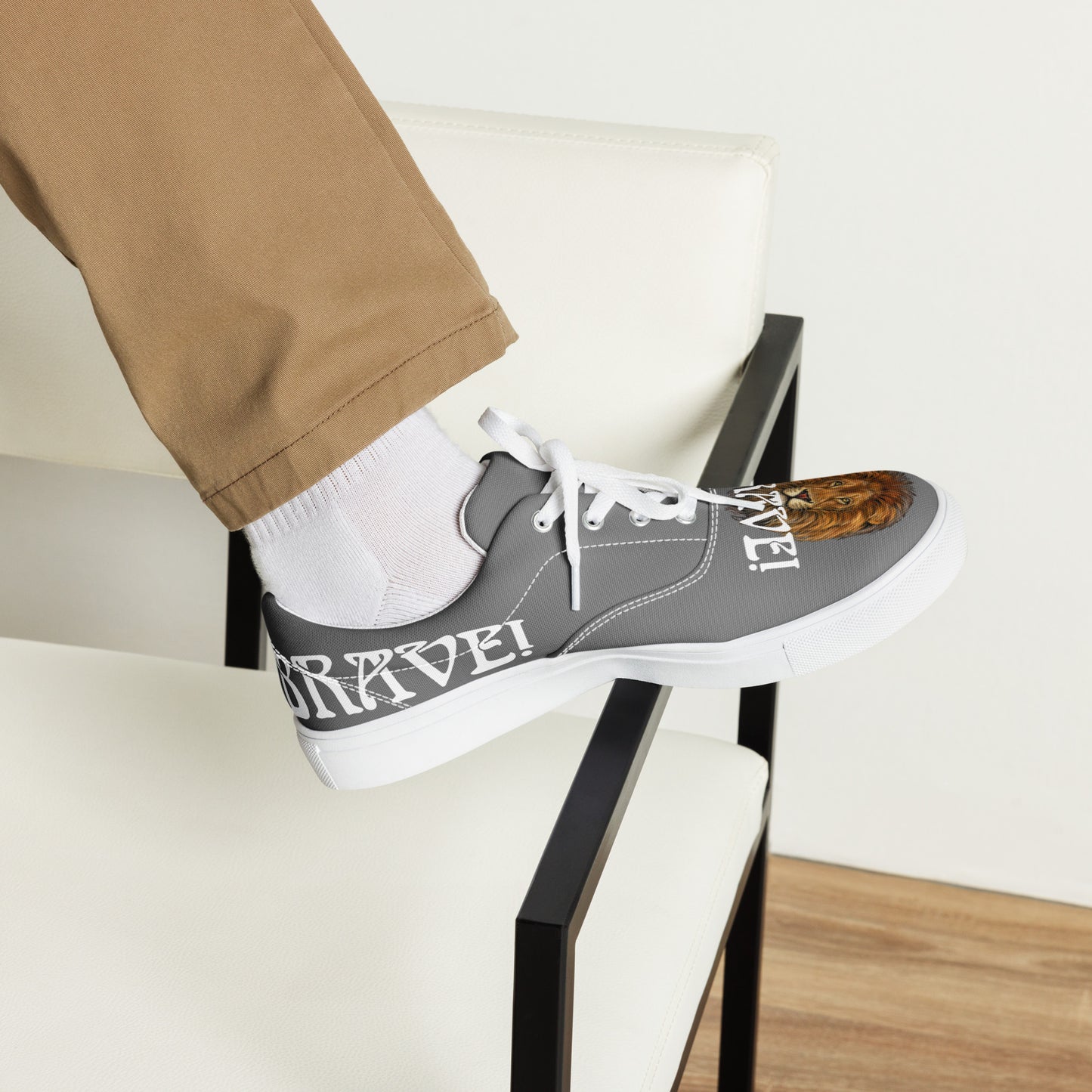 “I’AM BRAVE!”Grey Men’s Lace-Up Canvas Shoes W/White Font