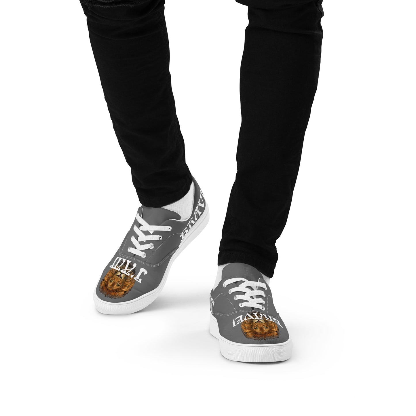 “I’AM BRAVE!”Grey Men’s Lace-Up Canvas Shoes W/White Font