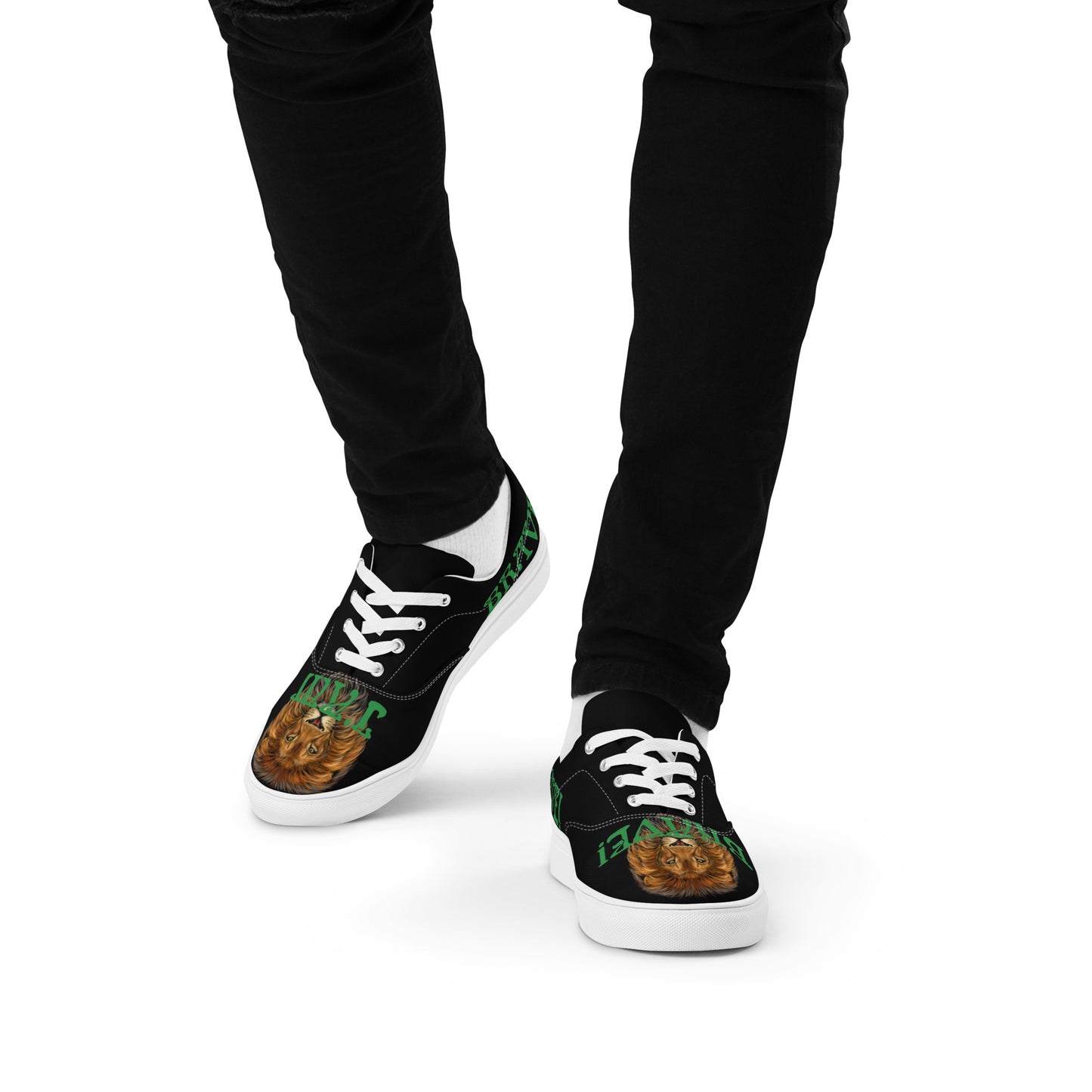 “I’AM BRAVE!”Black Men’s Lace-Up Canvas Shoes W/Green Font