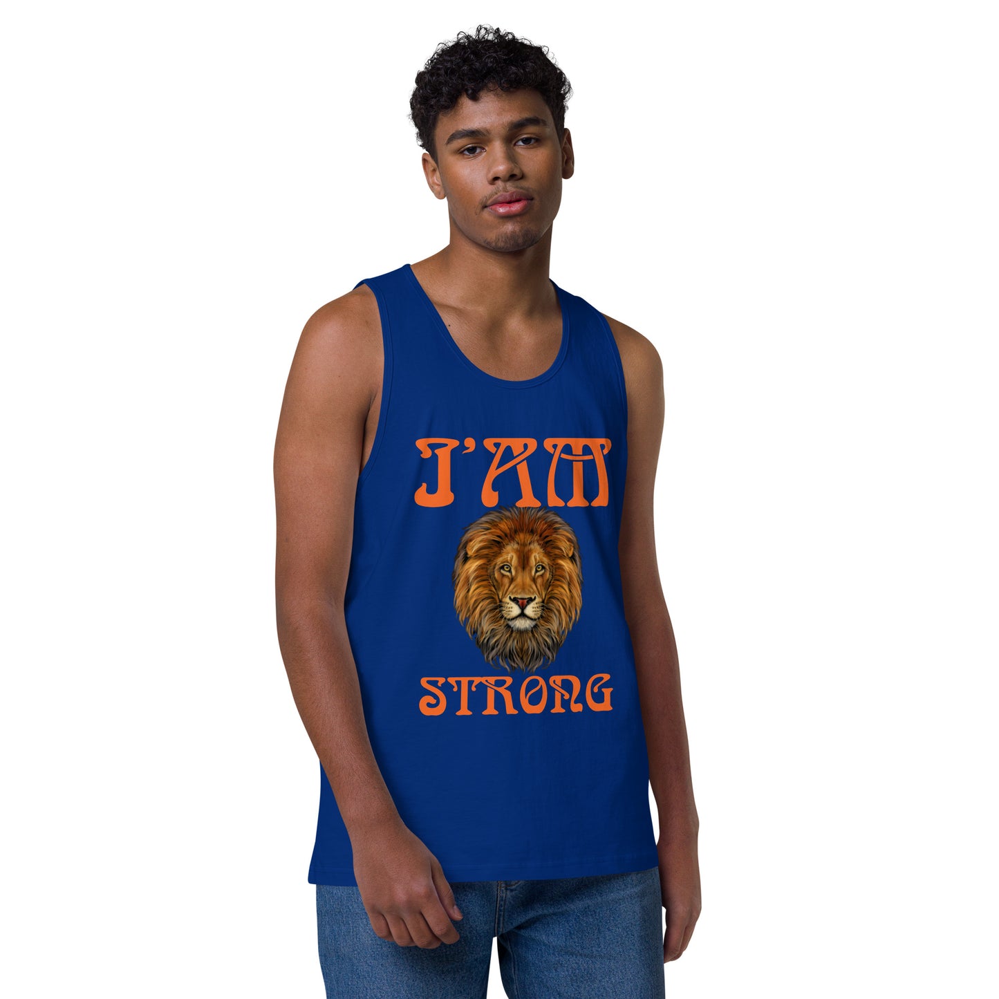 “I’AM STRONG!”Blue Men’s Premium Tank Top W/Orange Font