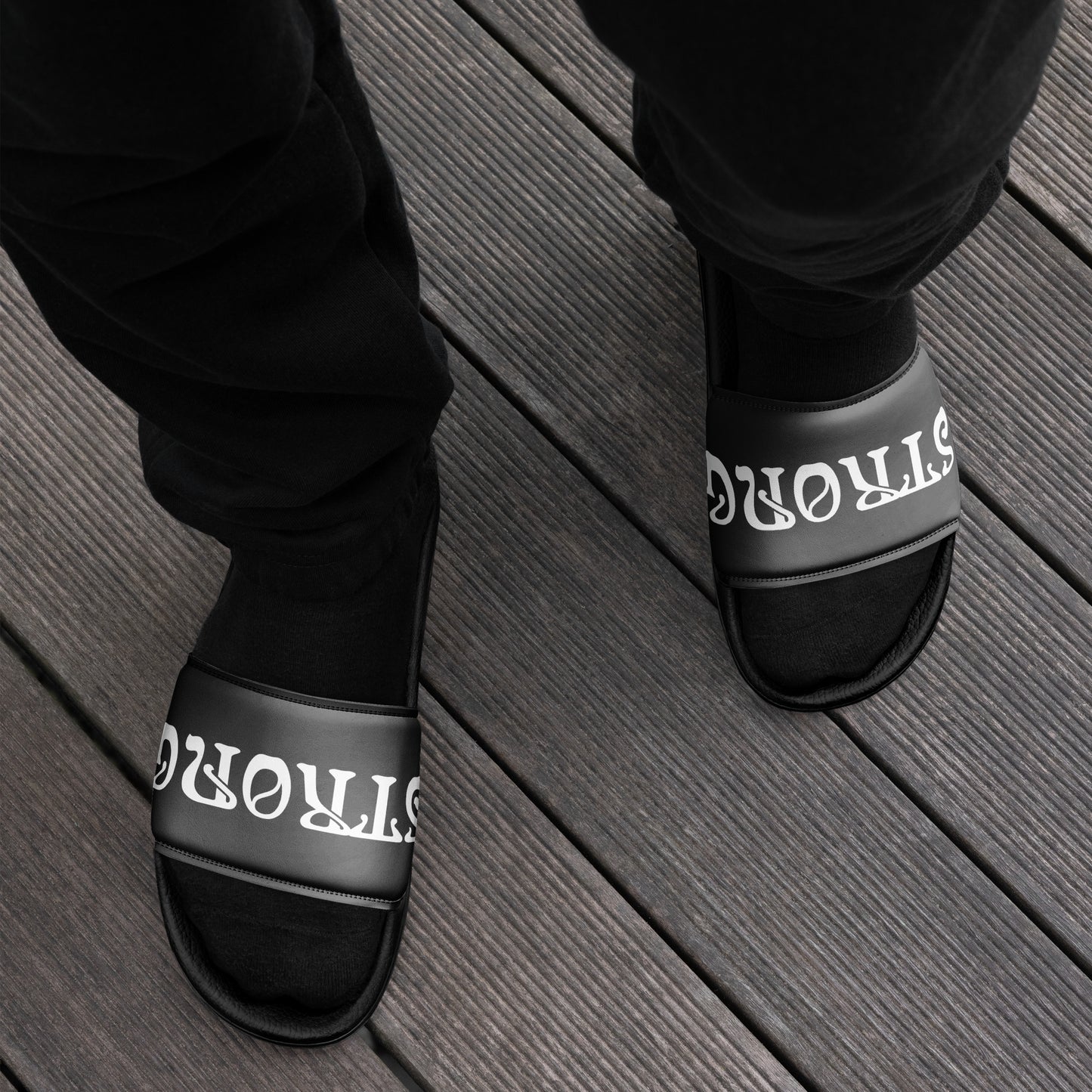 “STRONG”Grey Men’s Slides W/White Font