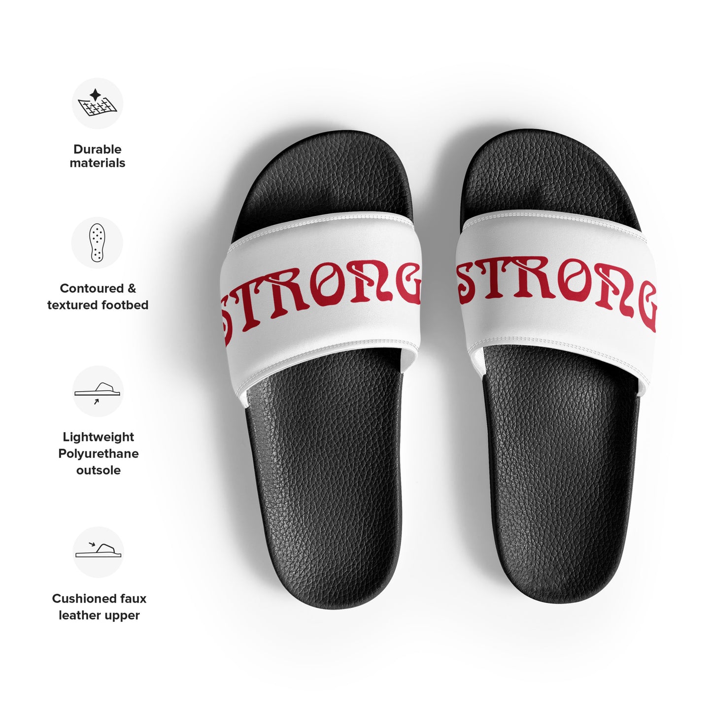 “STRONG”White Men’s Slides W/Red Font