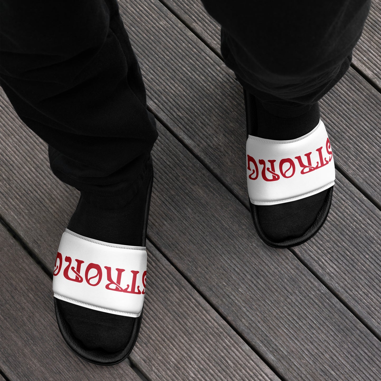“STRONG”White Men’s Slides W/Red Font