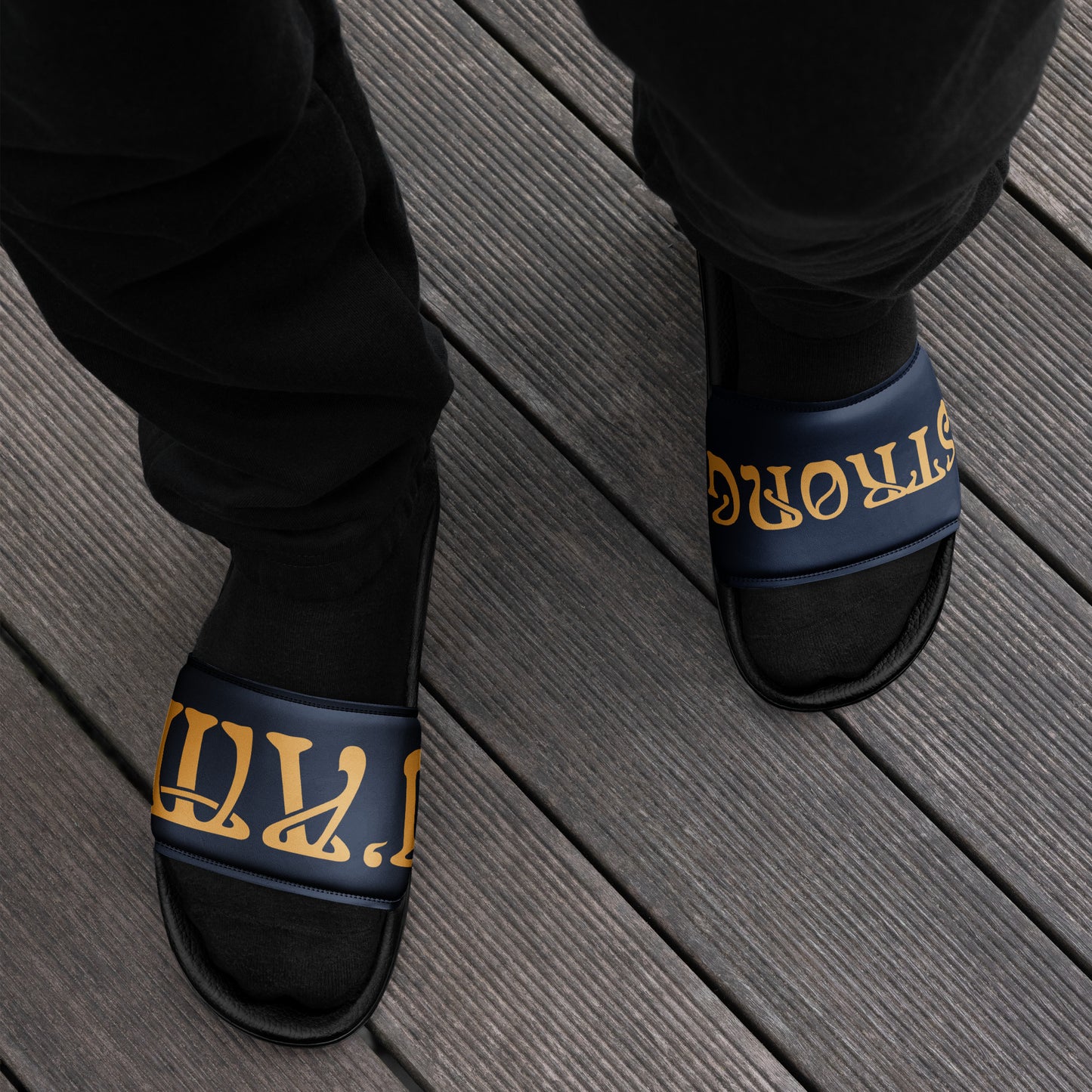 “I’AM STRONG” Navy Men’s Slides W/Fawn Font