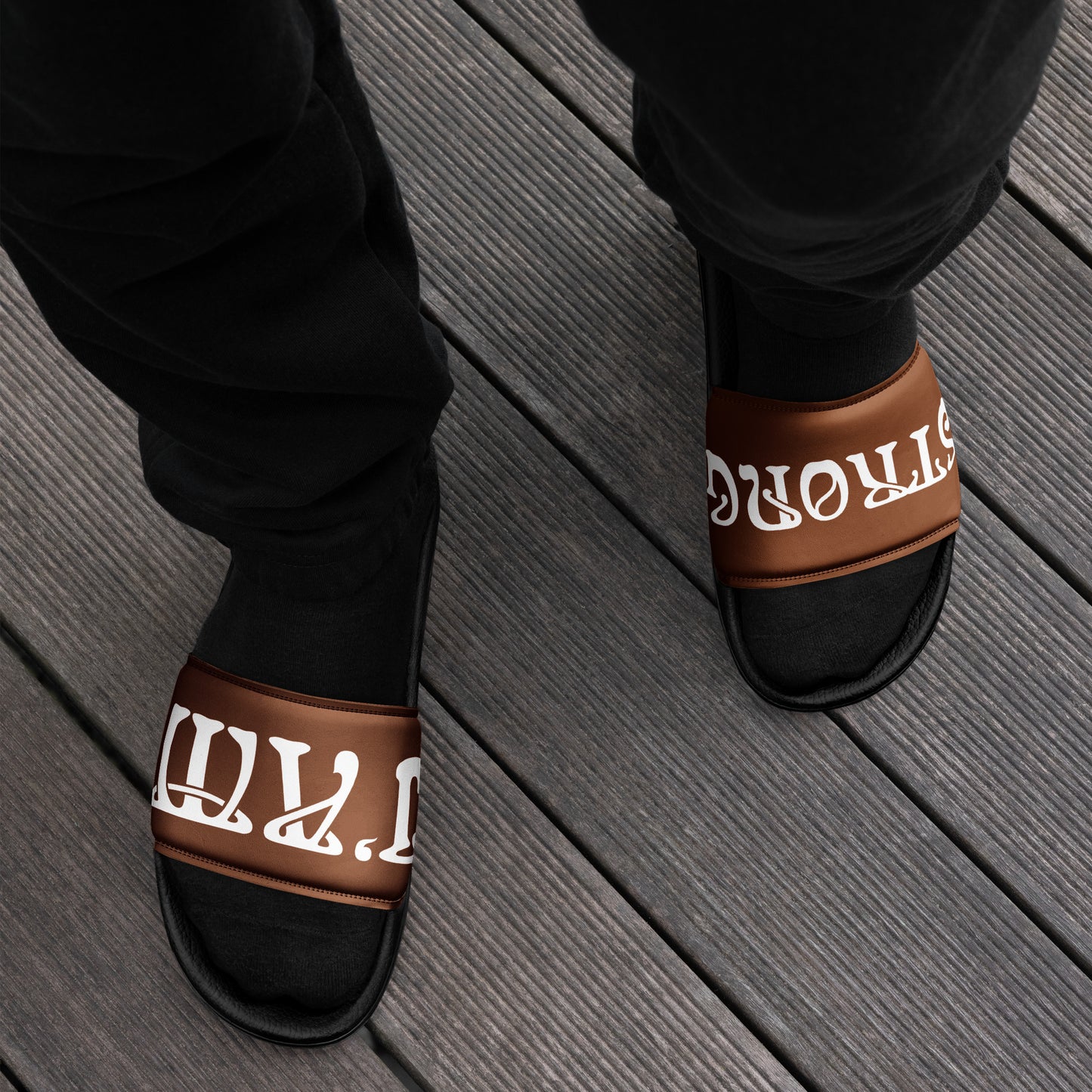 “I’AM STRONG”Brown Men’s Slides W/White Font
