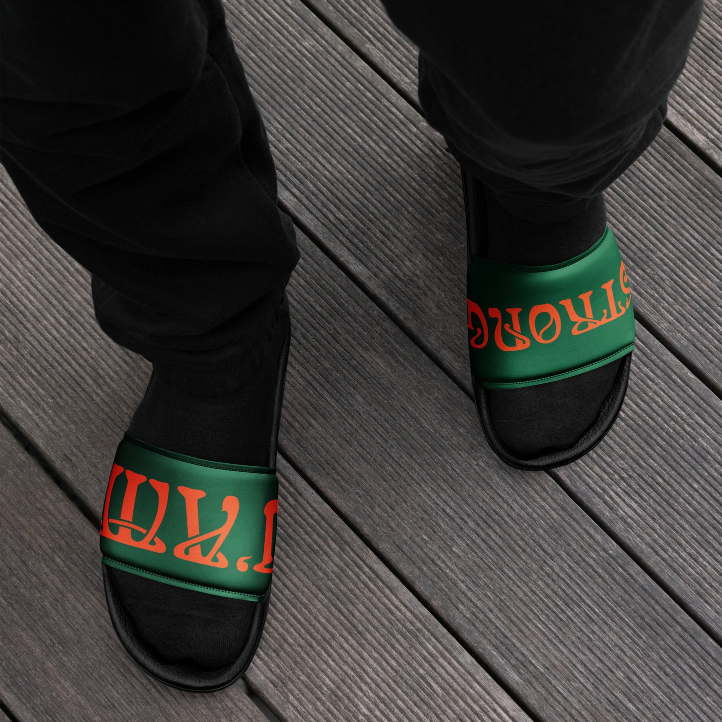 “I’AM STRONG” Green Men’s Slides W/Orange Font