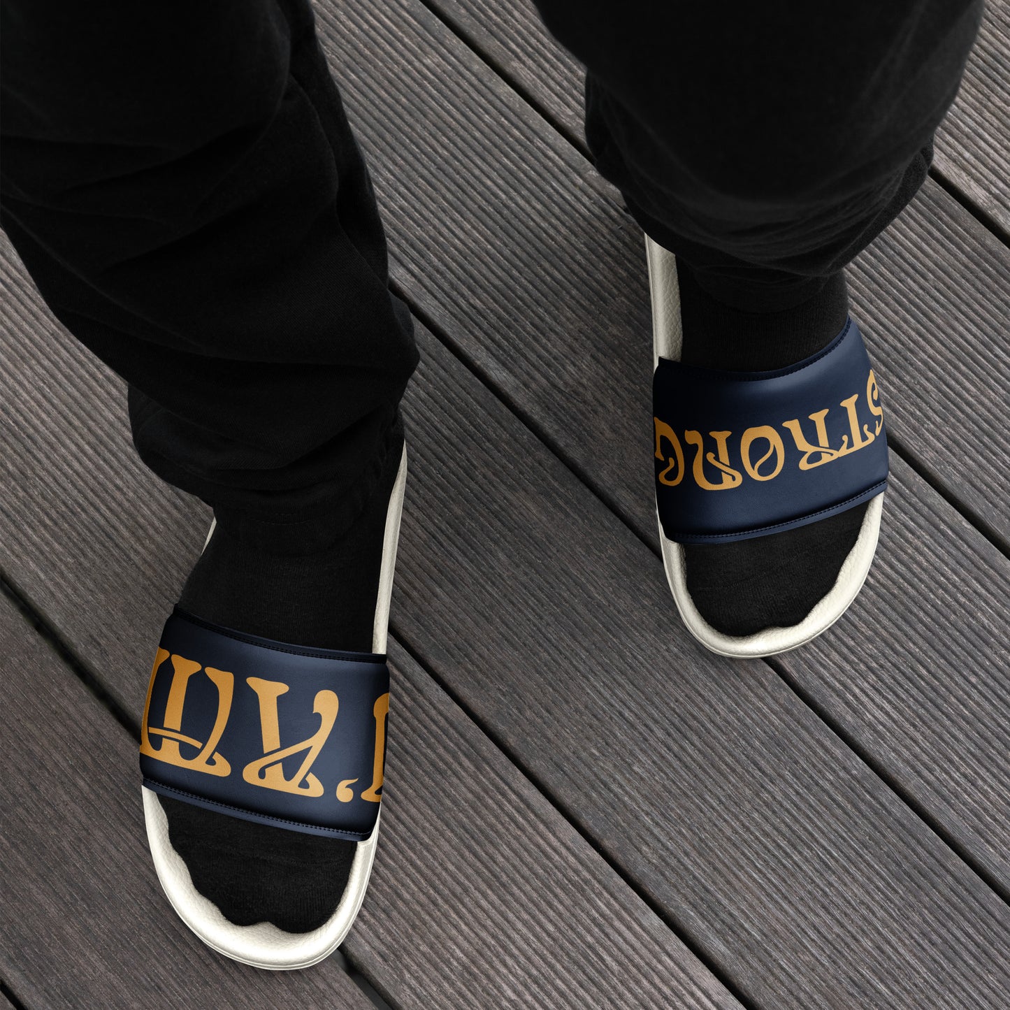 “I’AM STRONG” Navy Men’s Slides W/Fawn Font