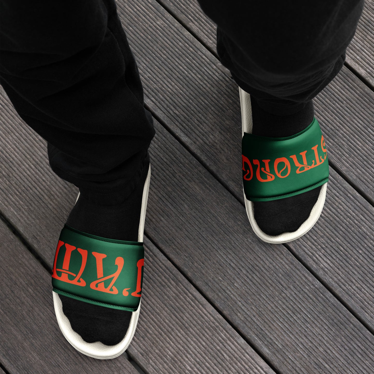 “I’AM STRONG” Green Men’s Slides W/Orange Font