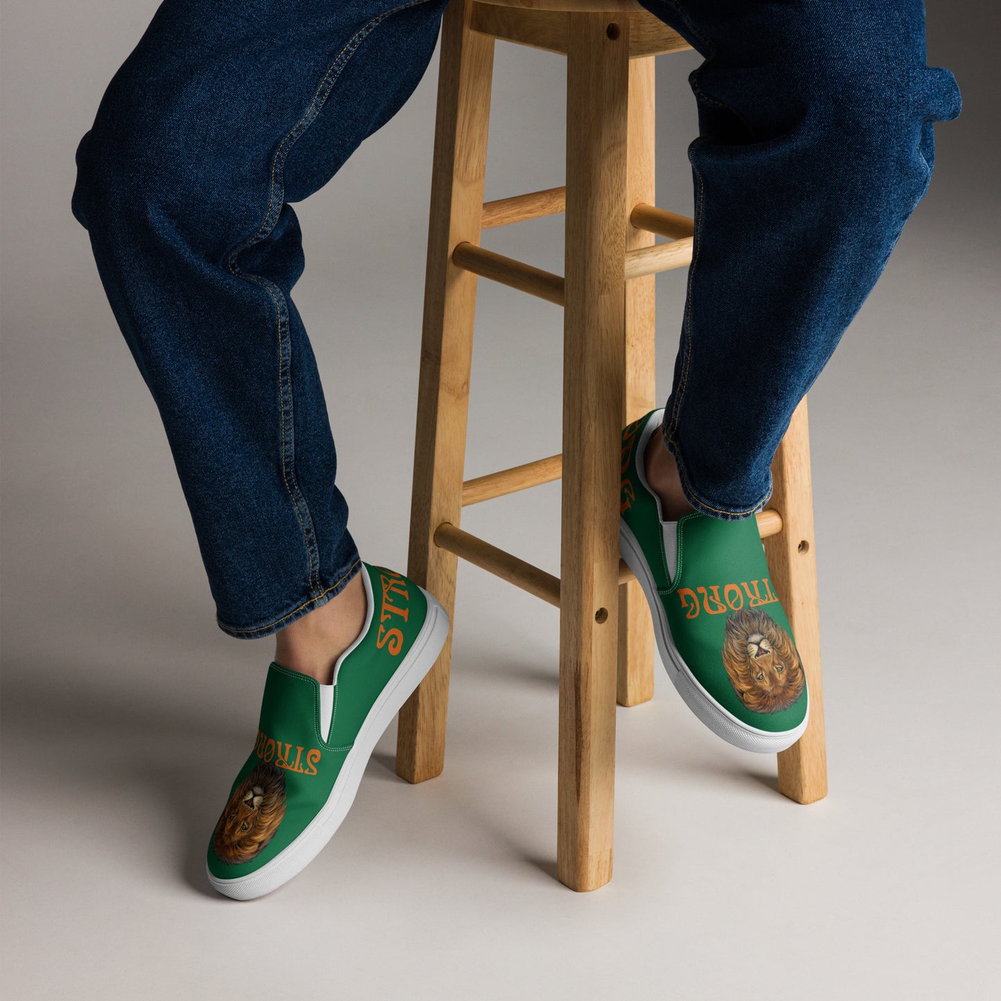 “STRONG”Green Men’s Slip-On Canvas Shoes W/Orange Font